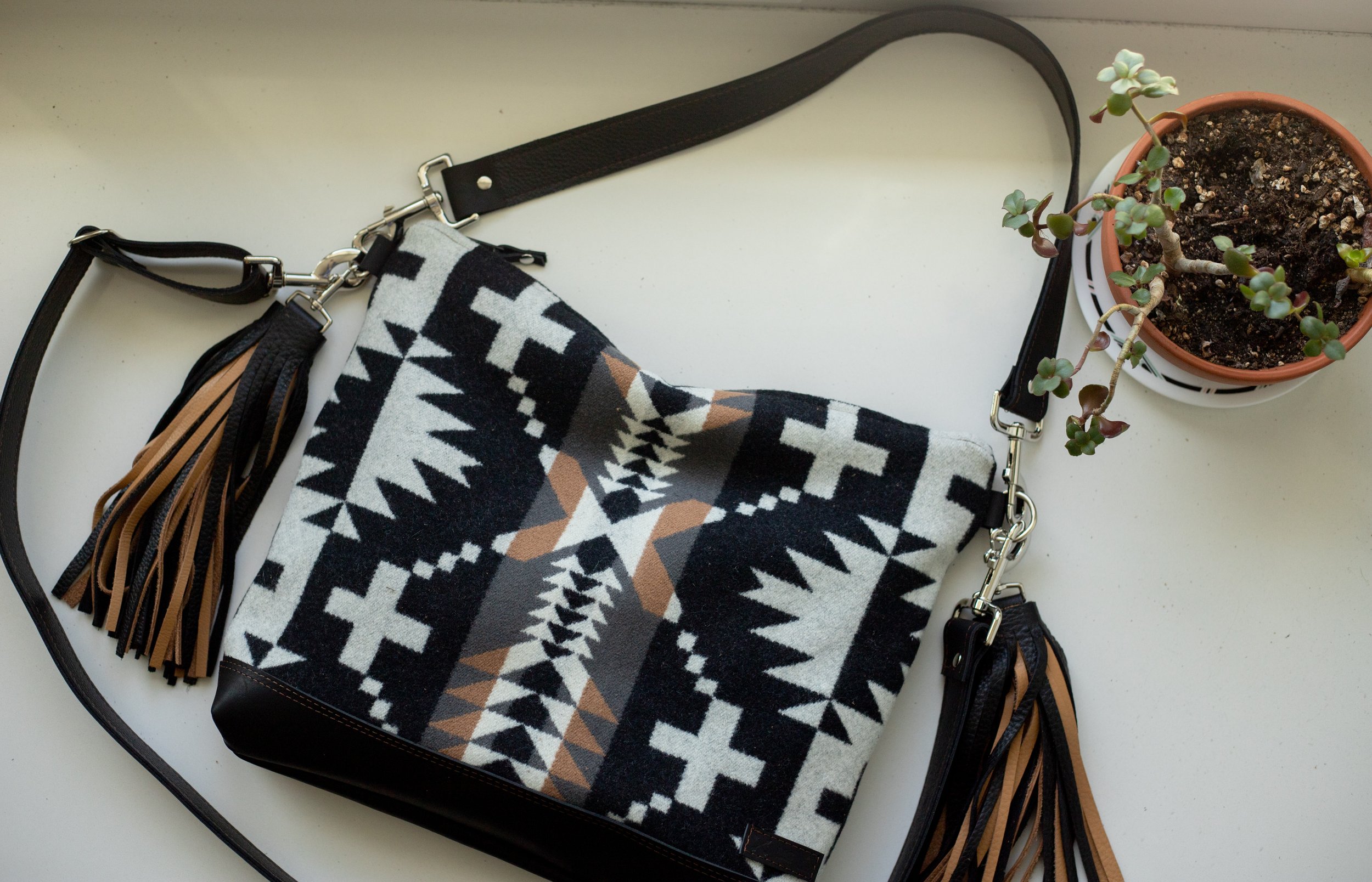 AVAILABLE - Slouchy Leather Bottom Fringe Purse in Spyder Rock Pendleton Wool and Black Leather