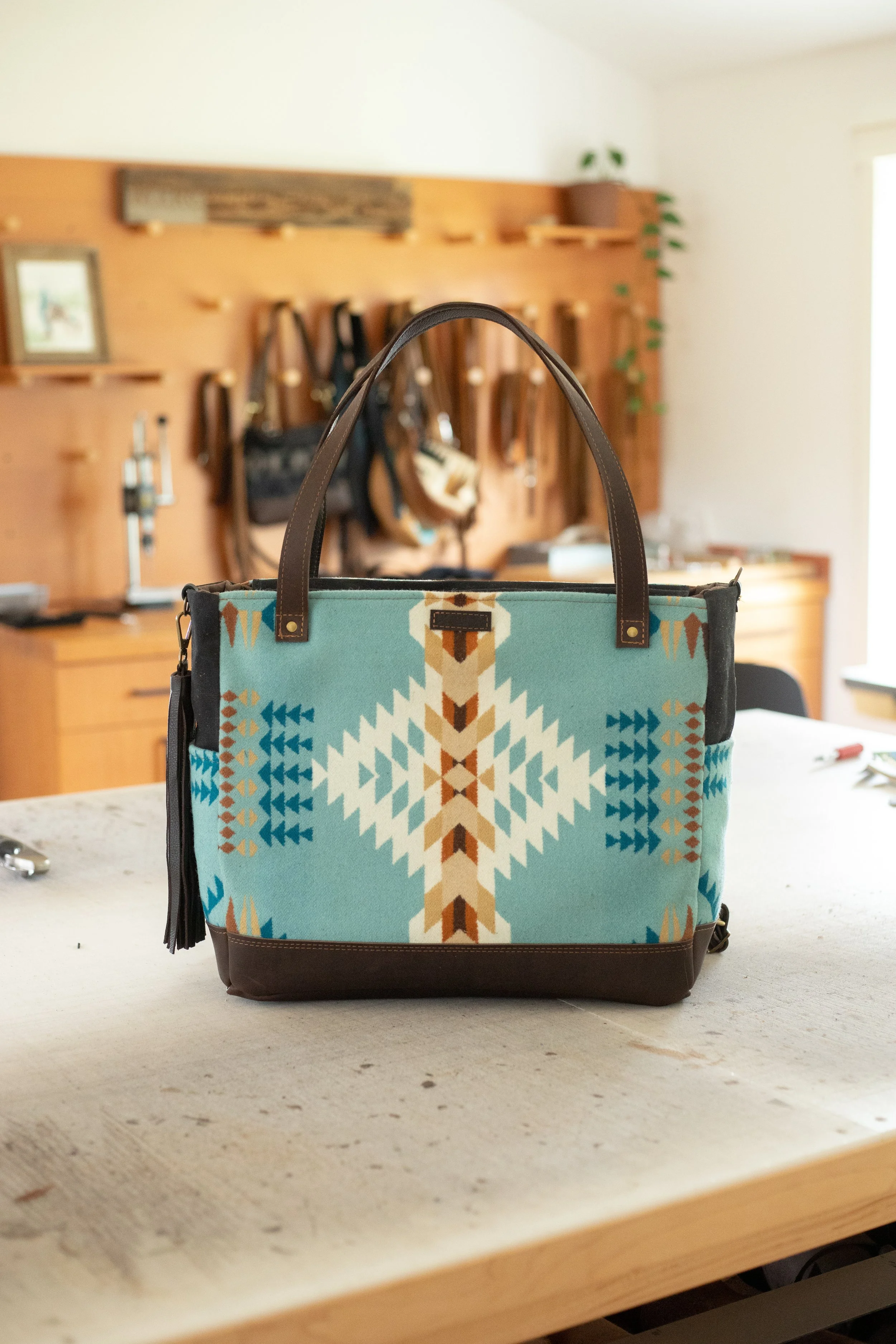 Reserved Custom Order - Sara - Computer Tote in Aqua Rancho Arroyo Pendleton with Brown Leather