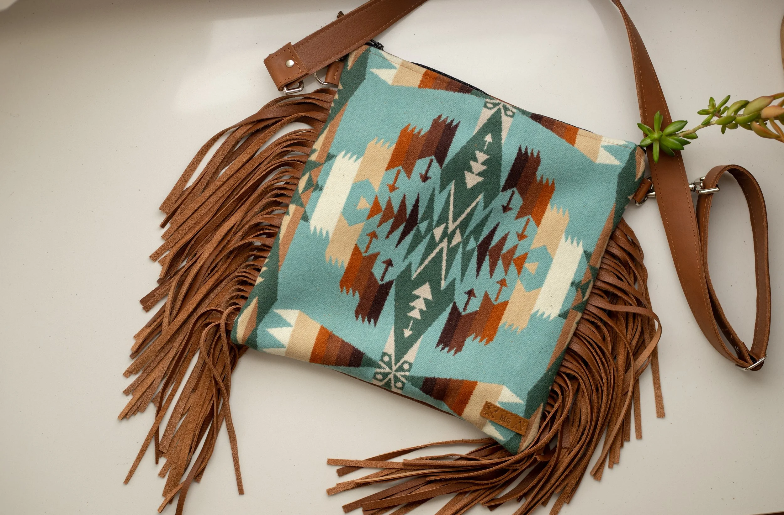 RESERVED CUSTOM ORDER - Jenna - Concealed Carry Fringe Crossbody in Tucson Aqua Pendleton Wool + Oak Tan Leather