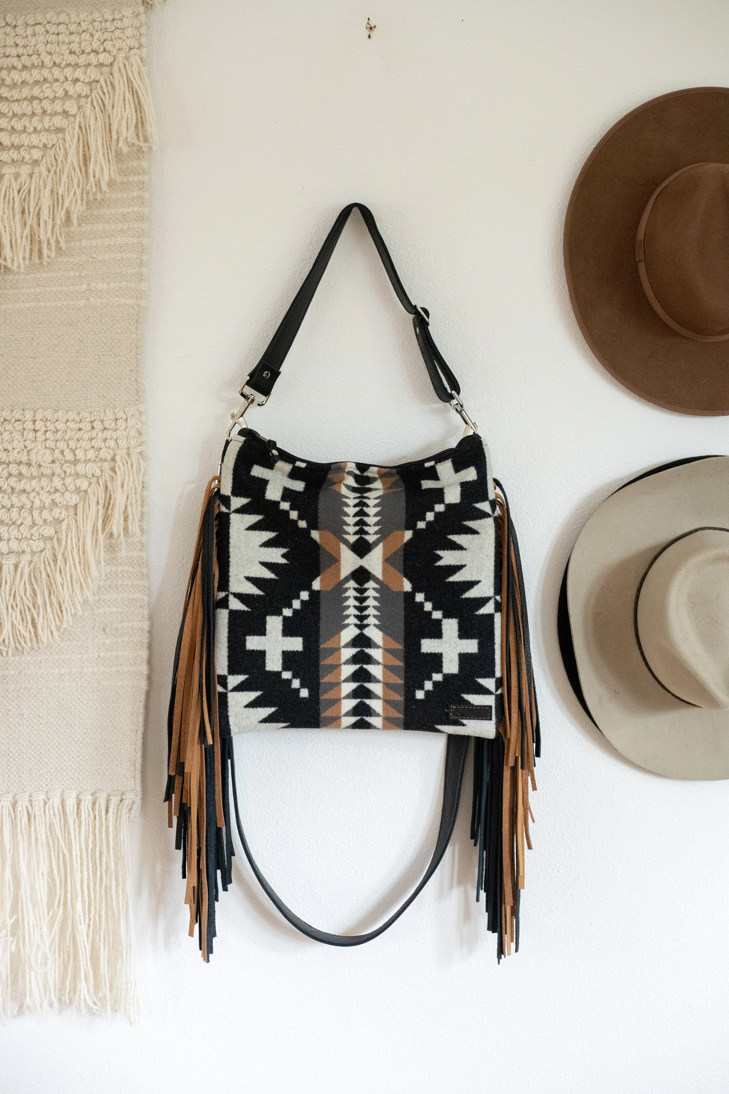 Custom Reserved Order - Mariel - Fringe Crossbody Bag in Spyder Rock Pendleton Wool + Black Leather