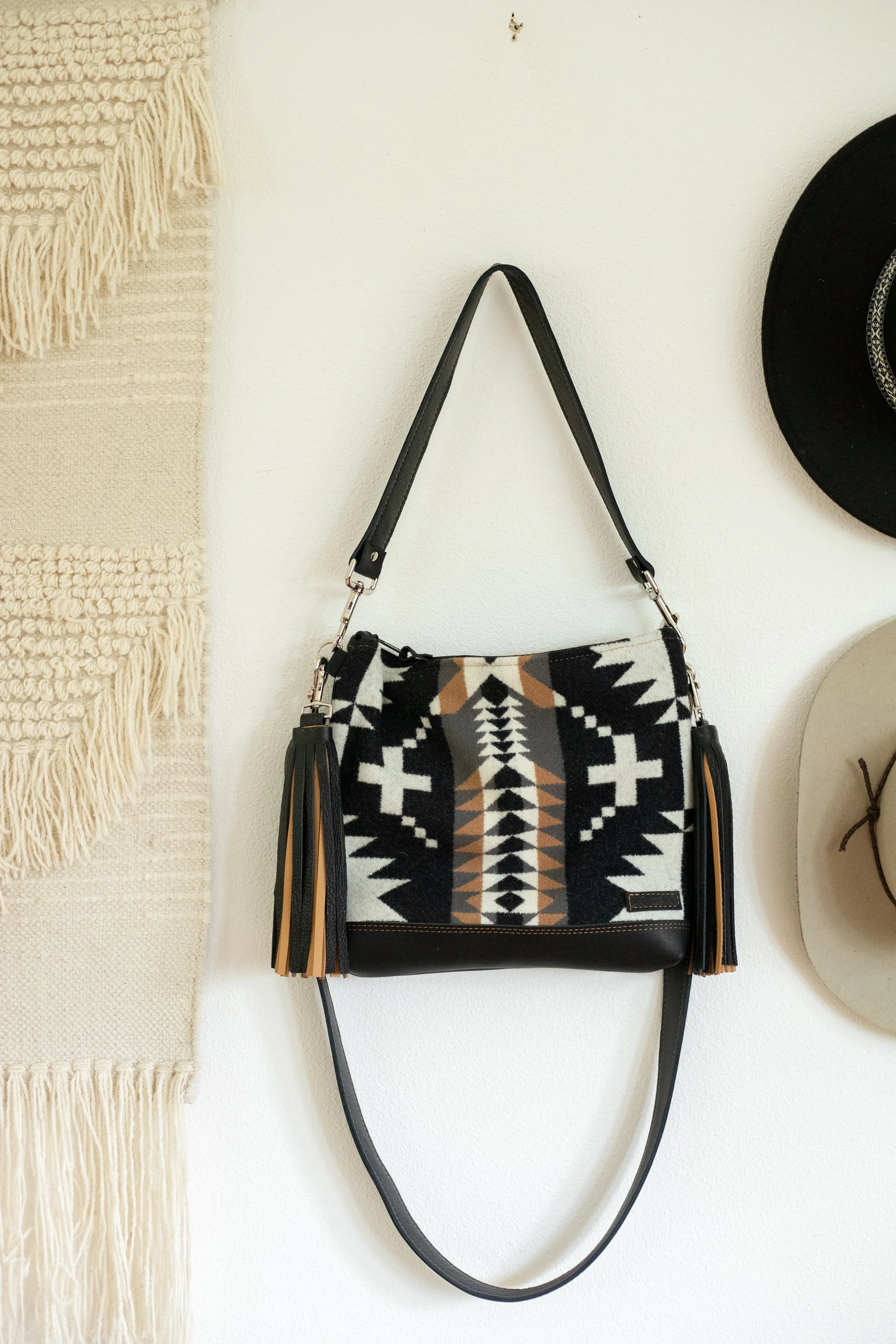Reserved Custom Bag - Kayla - Slouchy Leather Bottom Fringe Purse in Spyder Rock Pendleton Wool and Black Leather