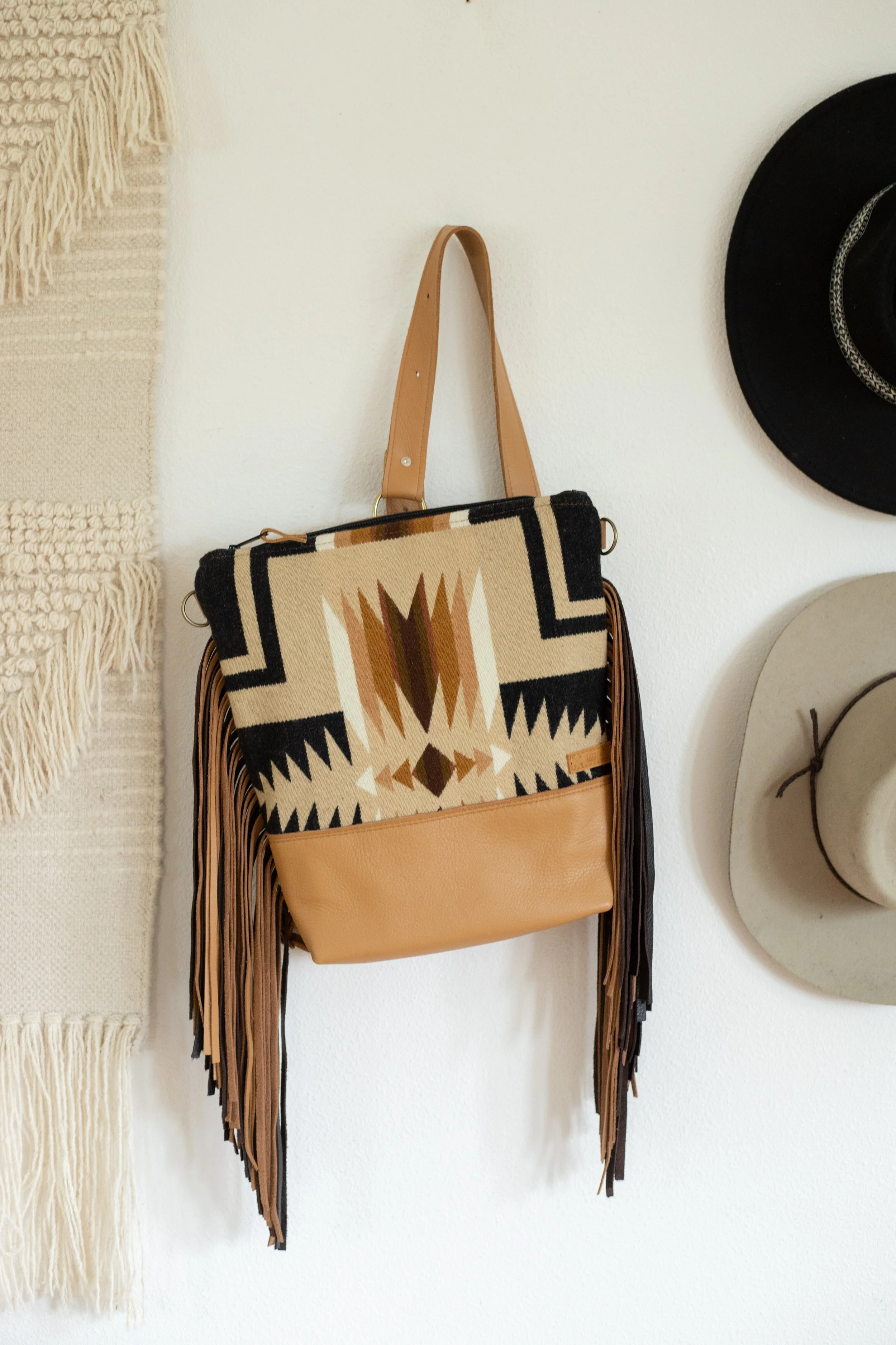 CUSTOM RESERVED ORDER - TALLY - Fringed Leather Bottom Backpack in Oxford Harding Pendelton Wool + Slouchy Sling in Mission Trails Pendleton Wool