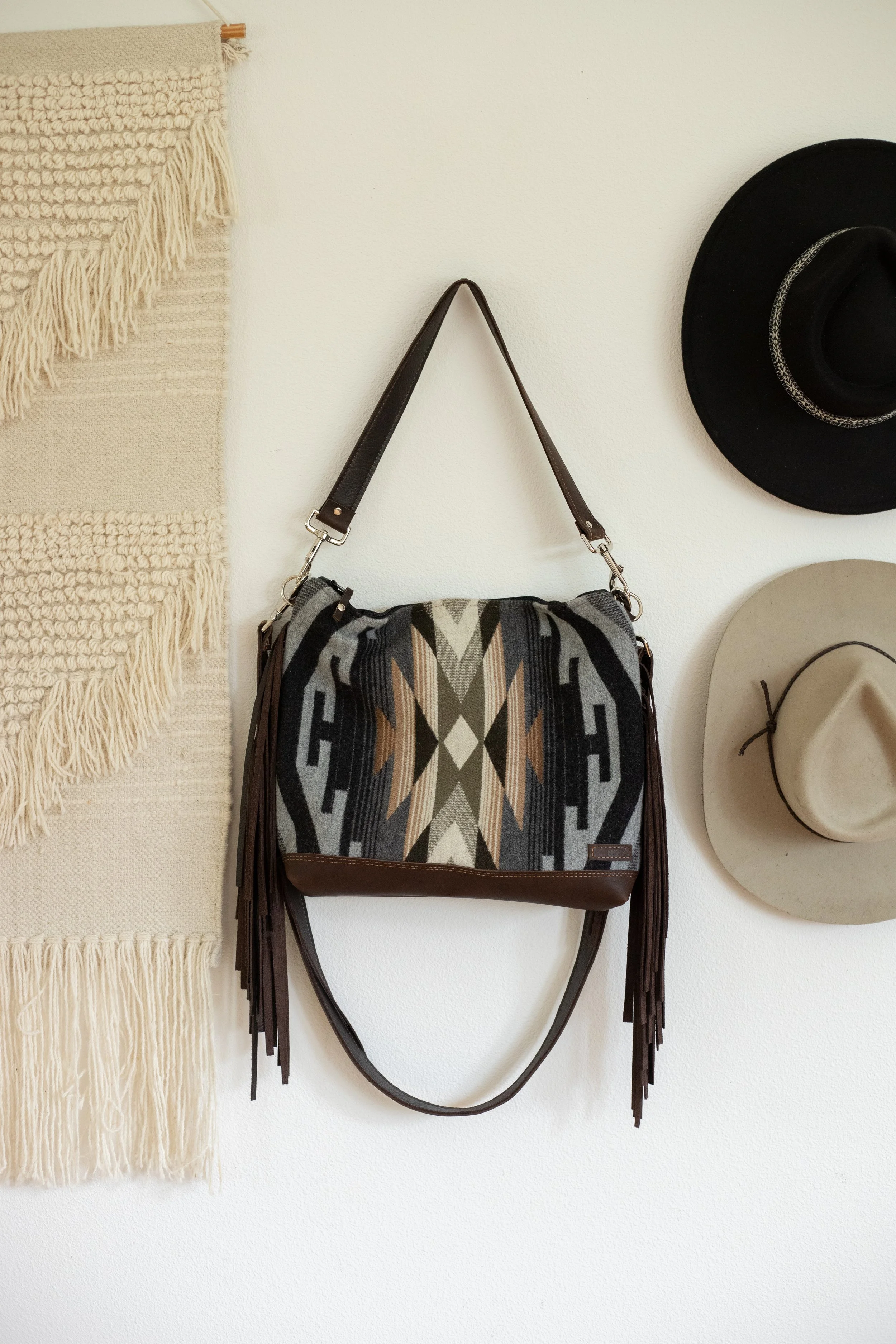 CUSTOM RESERVED ORDER - Jillian - Slouchy Leather Bottom Fringe Purse in Tumalo Ridge Pendleton Wool and Brown Leather