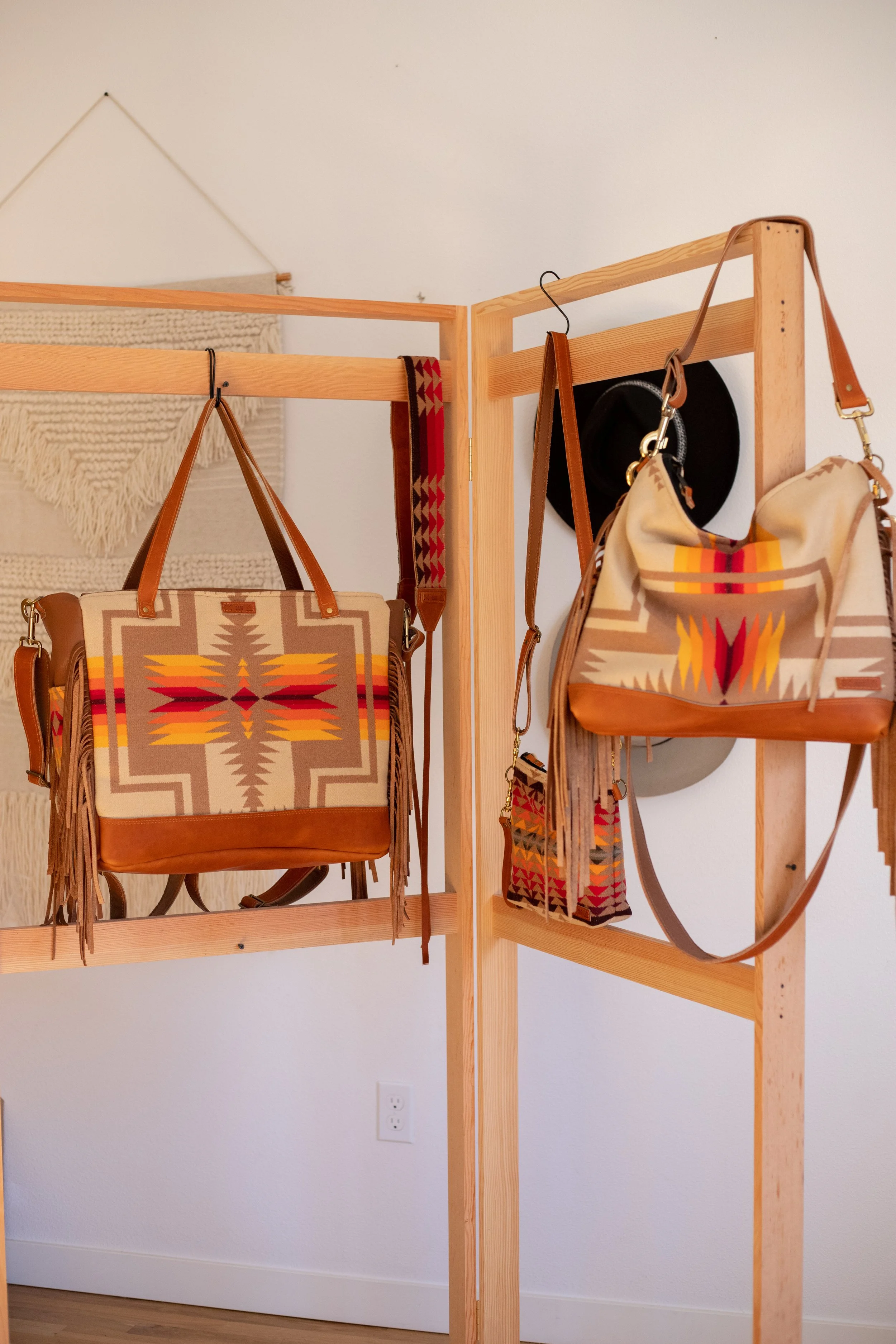 Reserved Custom Order - Jana - Batch of Bags in Sunset Harding Pendelton Wool with Cognac Leather