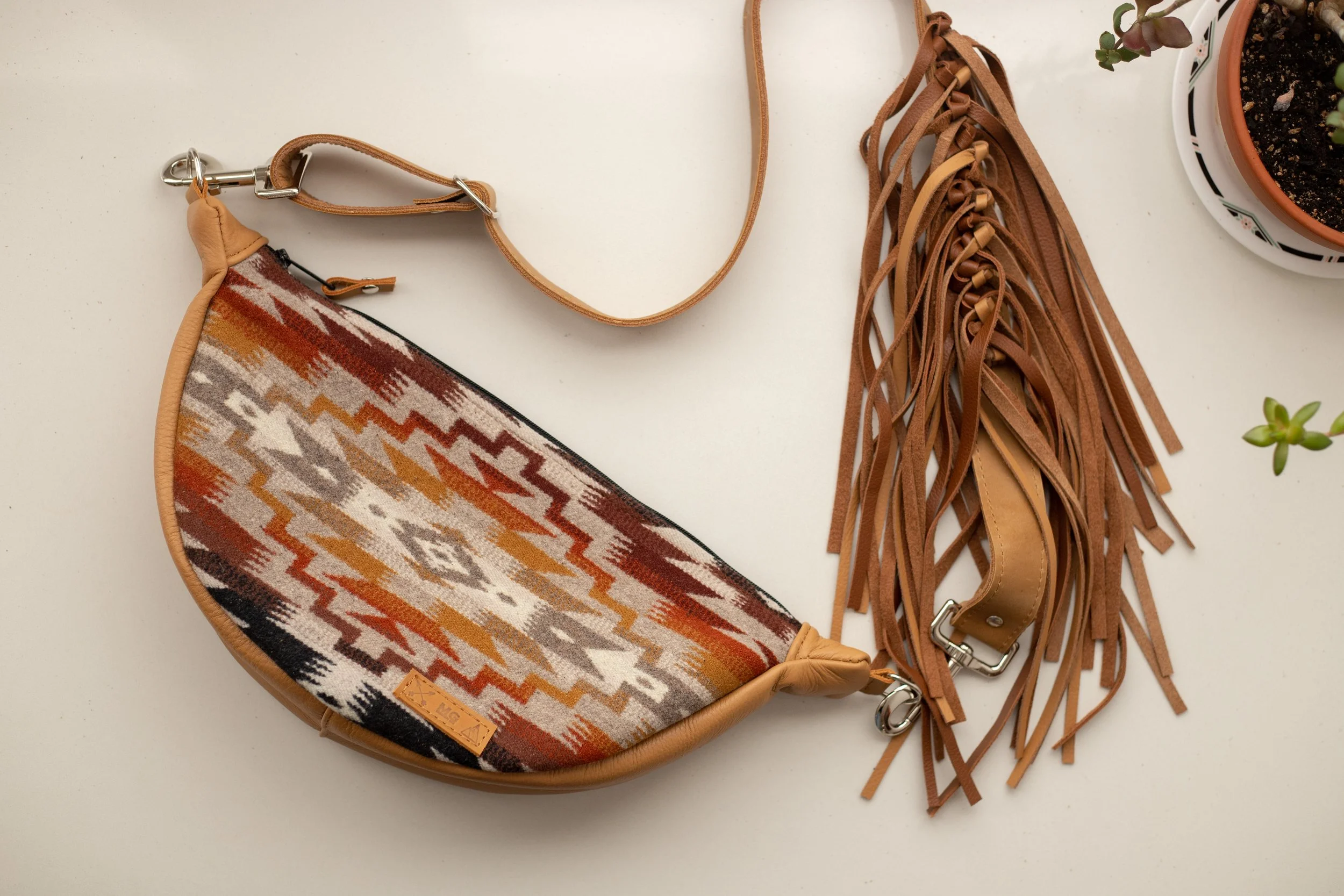 AVAILABLE - Slouchy Sling Bag in Mesilla Orange Pendleton Wool with Fringe Strap