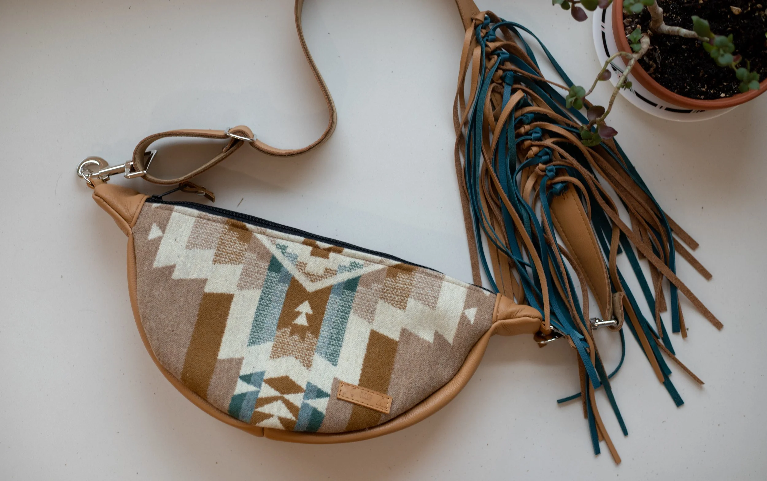 AVAILABLE - Slouchy Sling Bag in Rock Point Tan Pendleton Wool with Fringe Strap