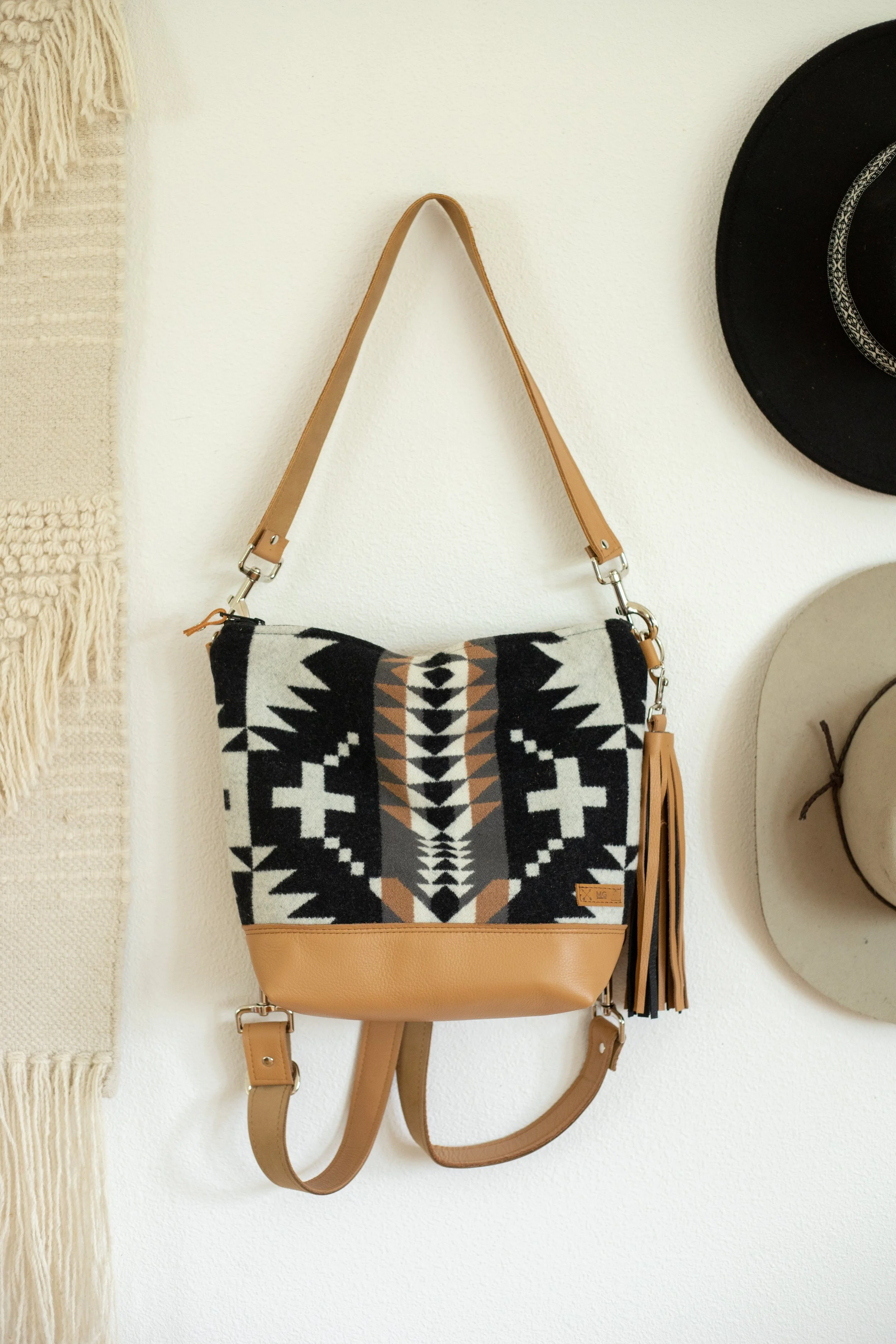 Leather Bottom Backpack + Crossbody in Spyder Rock Pendelton Wool and Caramel Leather