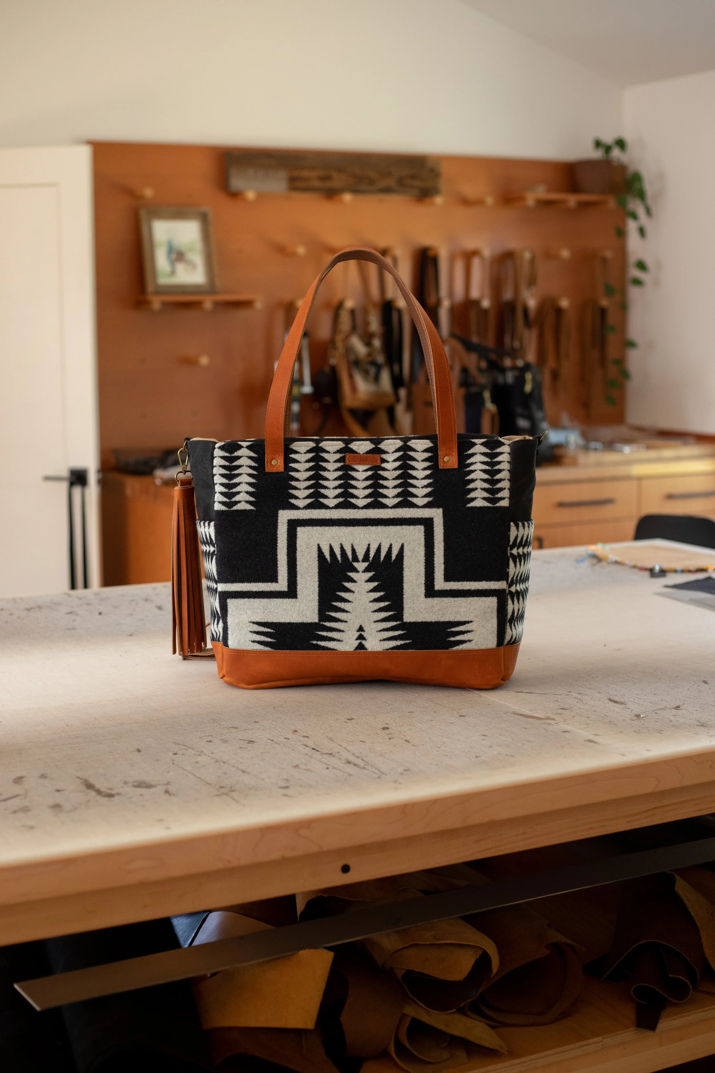 Reserved Custom Order - Rylee  - Diaper Bag in Walking Rock Pendleton with Cognac Leather