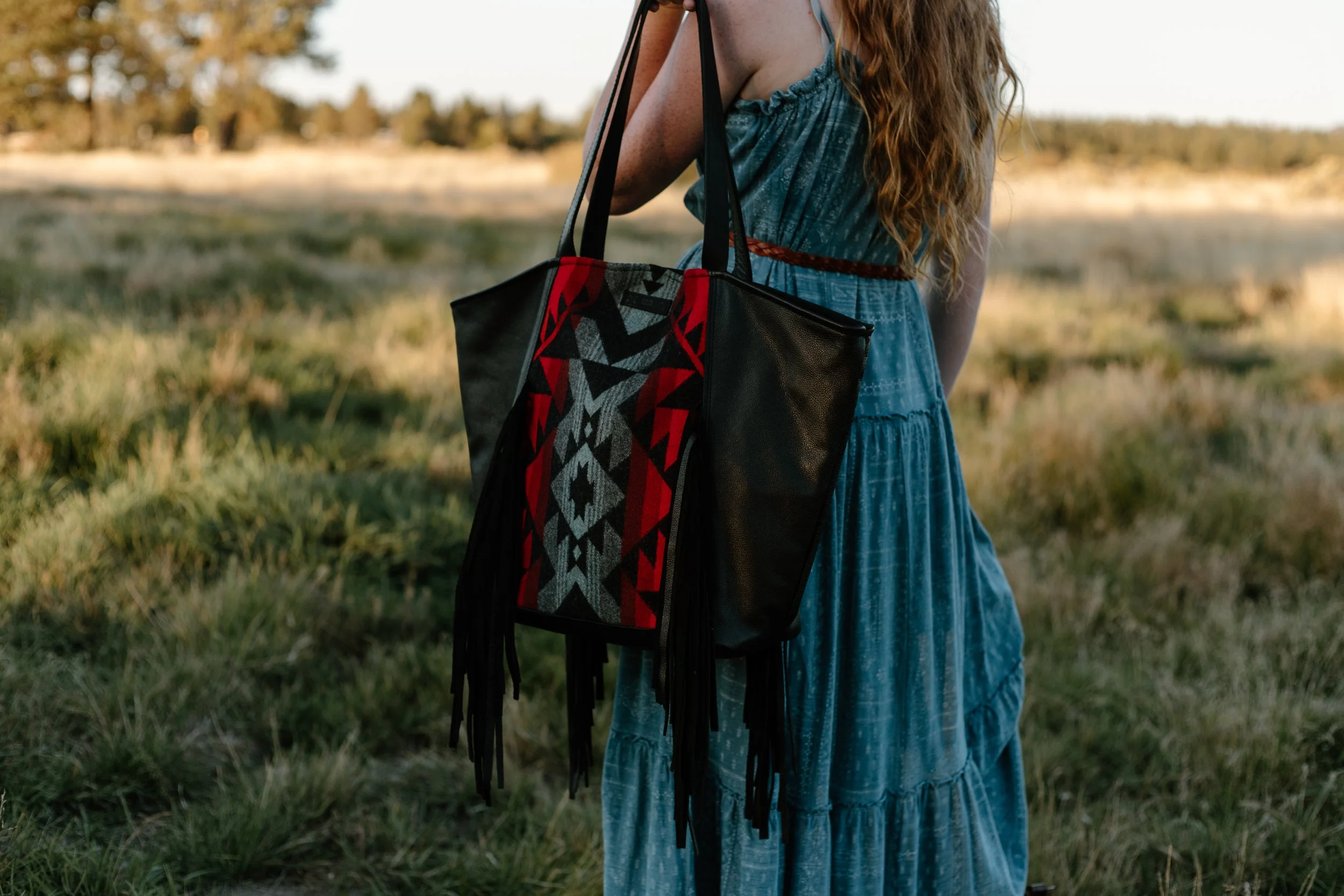 Large Fringe Tote in Oxford Bridge Creek Pendleton Wool with Black Leather