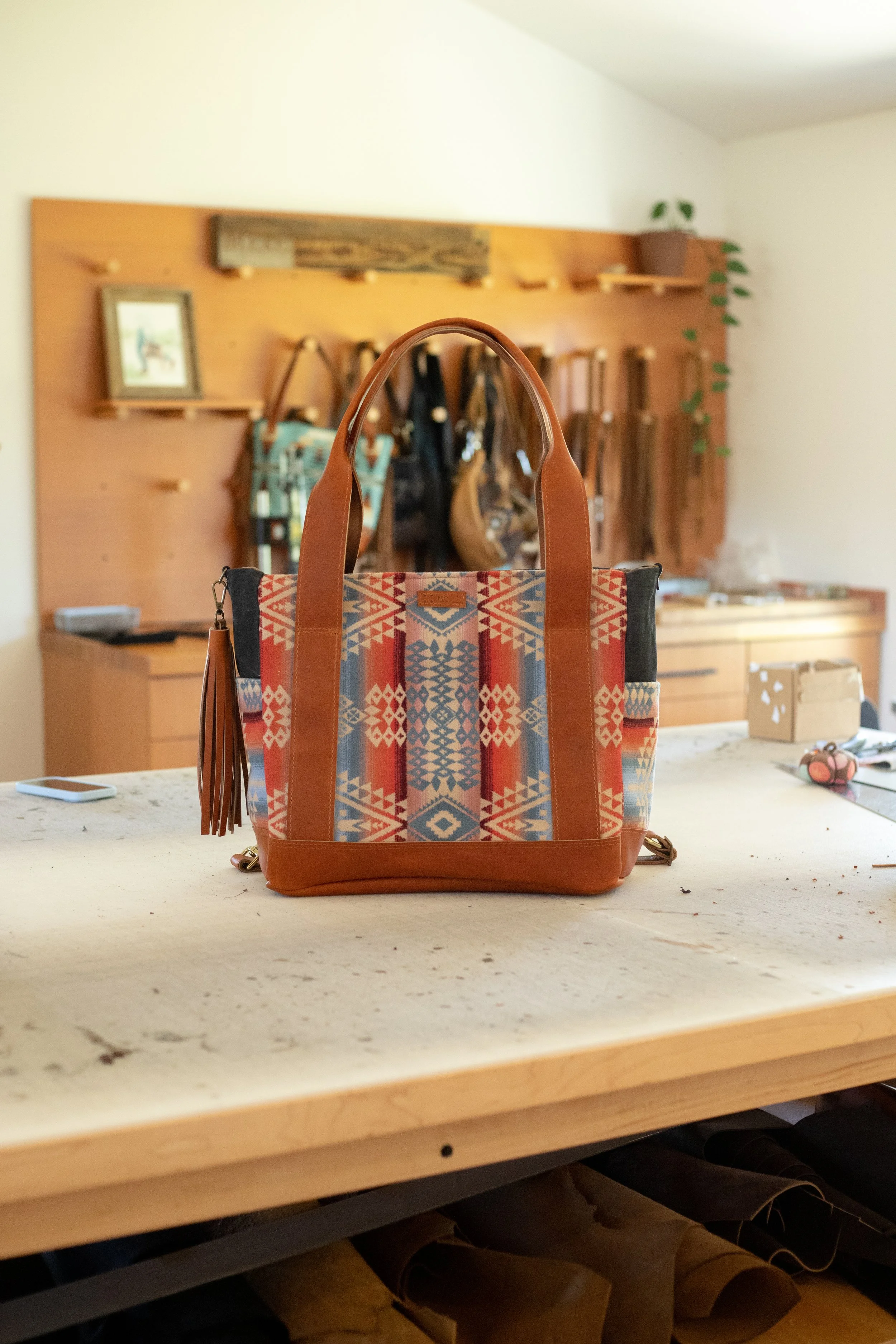 Reserved Custom Order - Colleen  - Computer Tote in Canyon Land Pendleton with Cognac Leather
