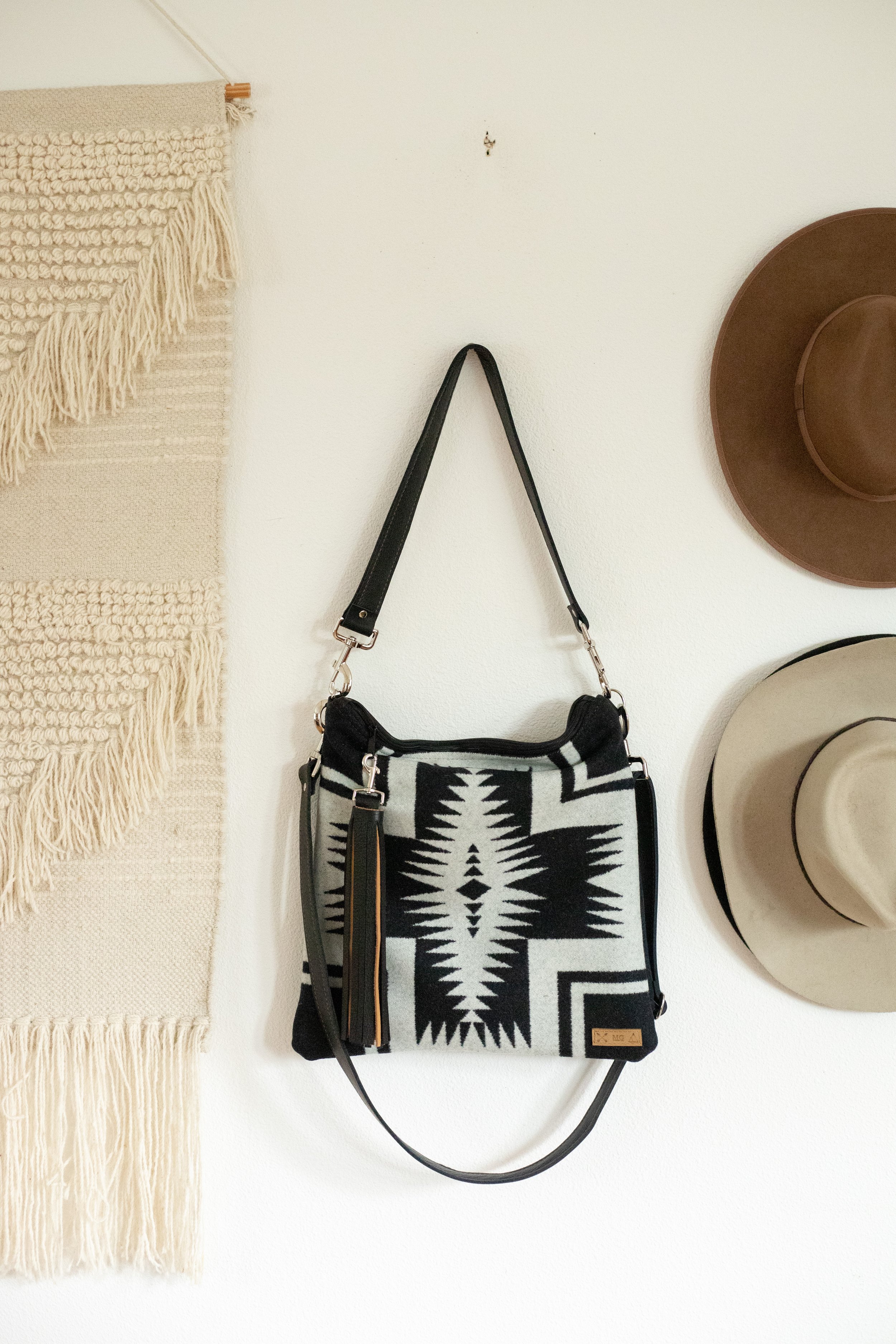 Reserved Custom Bag - Laura - Crossbody Purse in Walking Rock Pendleton Wool and Black Leather