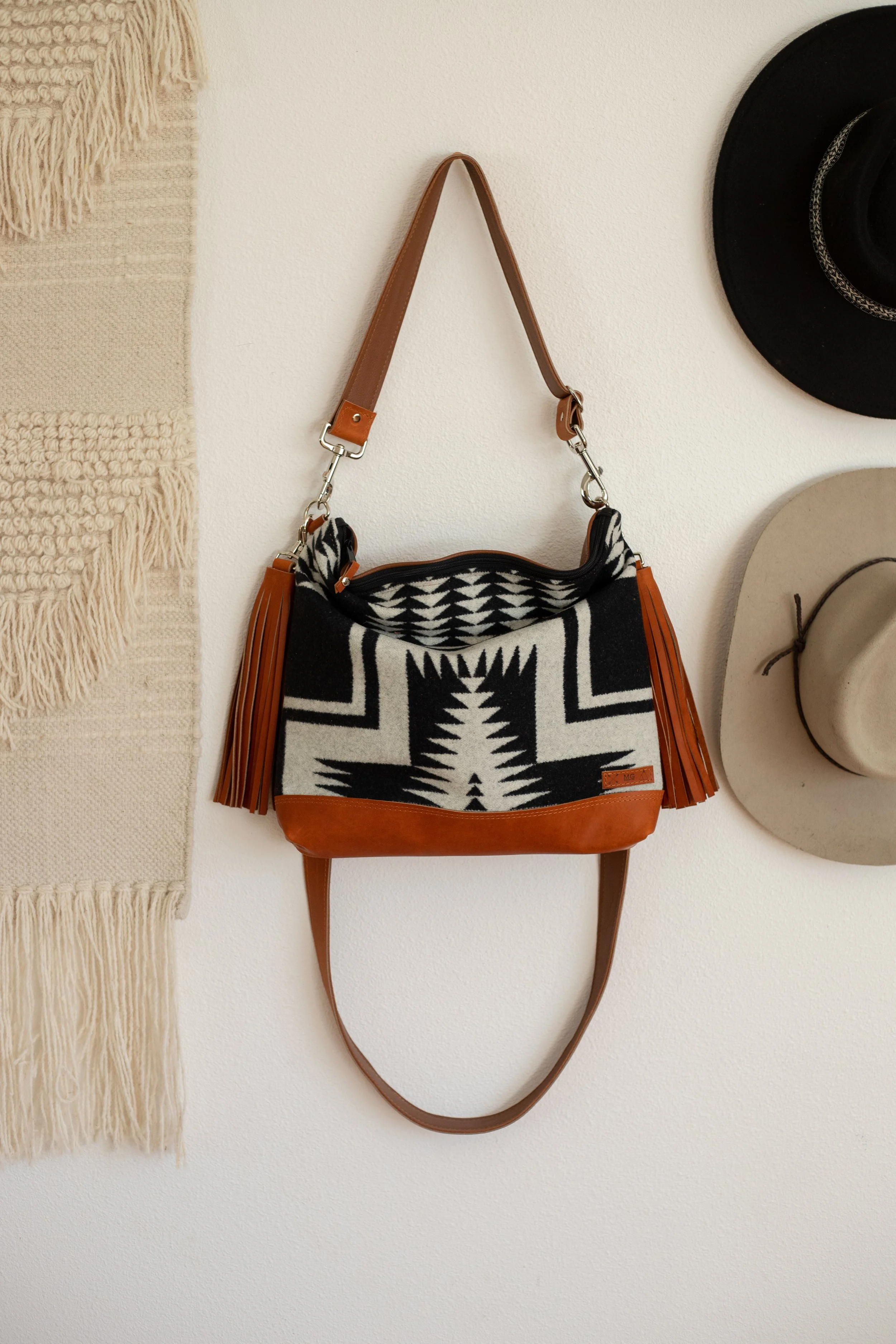 AVAILABLE - Slouchy Leather Bottom Bag in Walking Rock Pendleton Wool with Cognac Leather