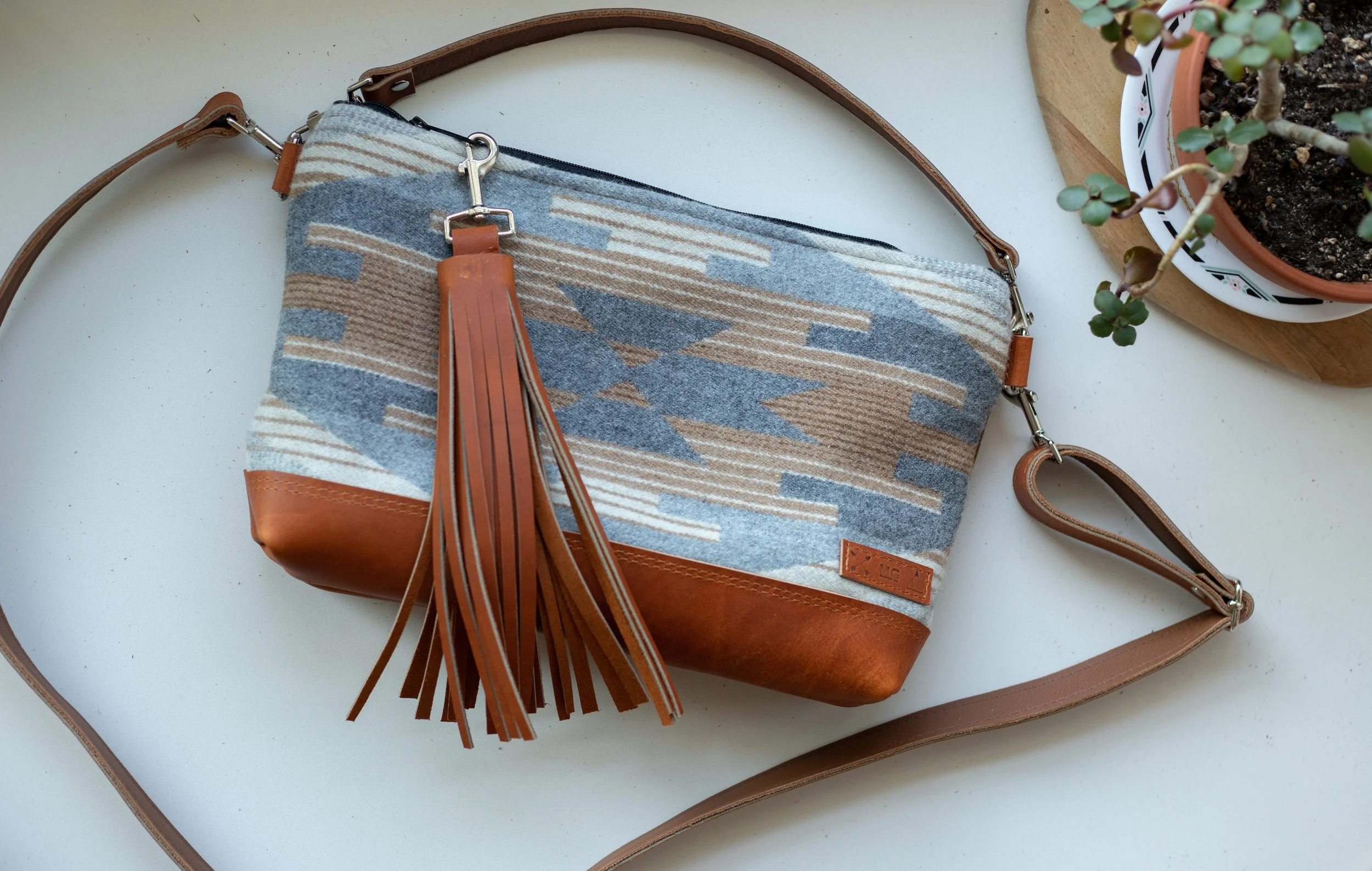 CUSTOM RESERVED ORDER - Leanne - Leather Bottom Clutch Crossbody in Gray Tumalo Ridge Pendleton Wool + Cognac Leather