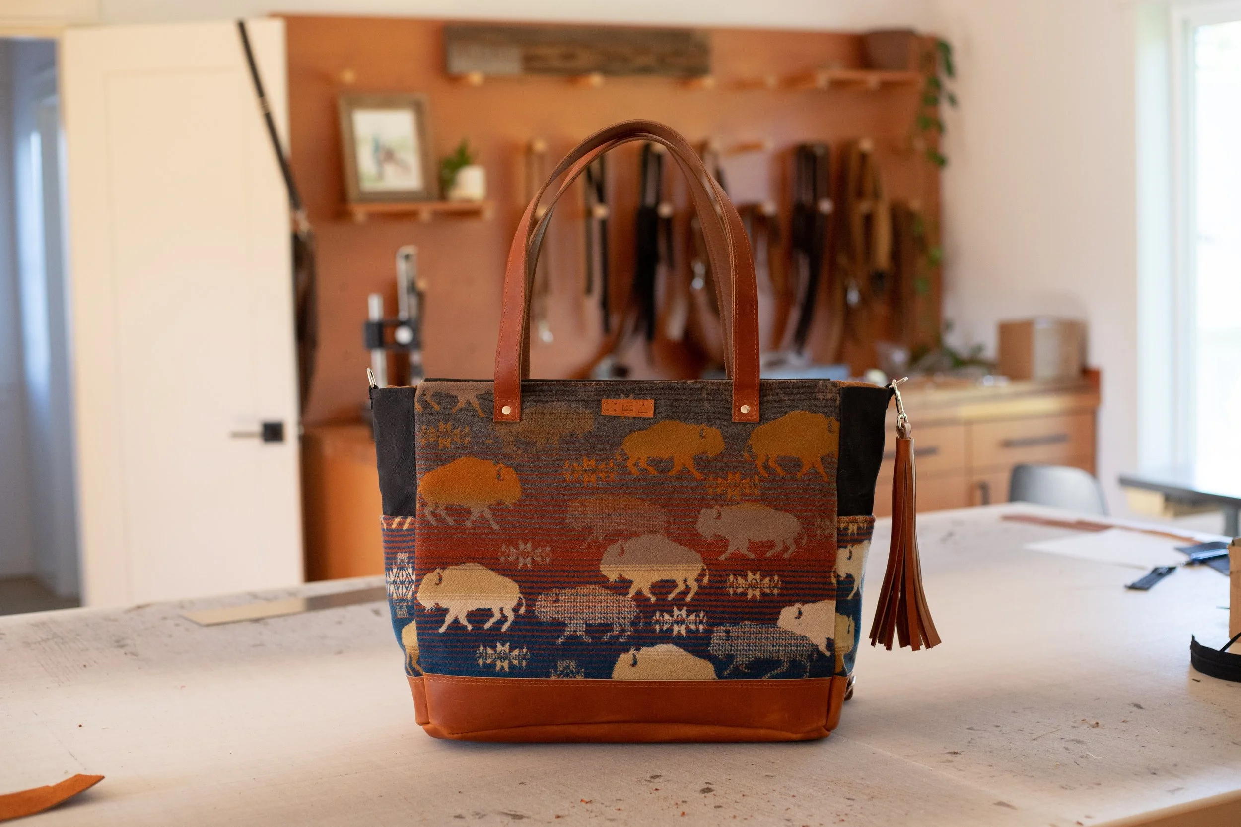Custom Reserved Bag -Billie  - Computer Tote in Buffalo Pendleton + Cognac Leather