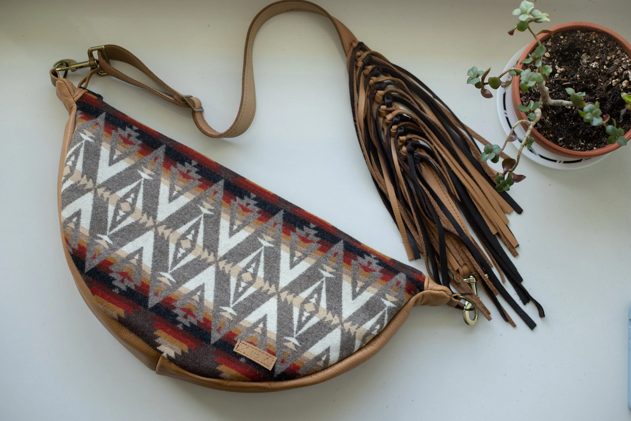 CUSTOM RESERVED BAG - Courtney  - XL Slouchy Sling Bag in Pacific Crest Pendleton Wool + Caramel Leather