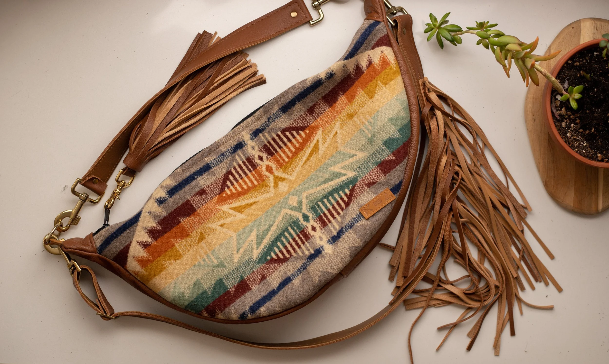 CUSTOM RESERVED BAG - Kimberly Dean  - XL Slouchy Sling Bag  in Summerland  Pendleton Wool with Oak Tan Leather