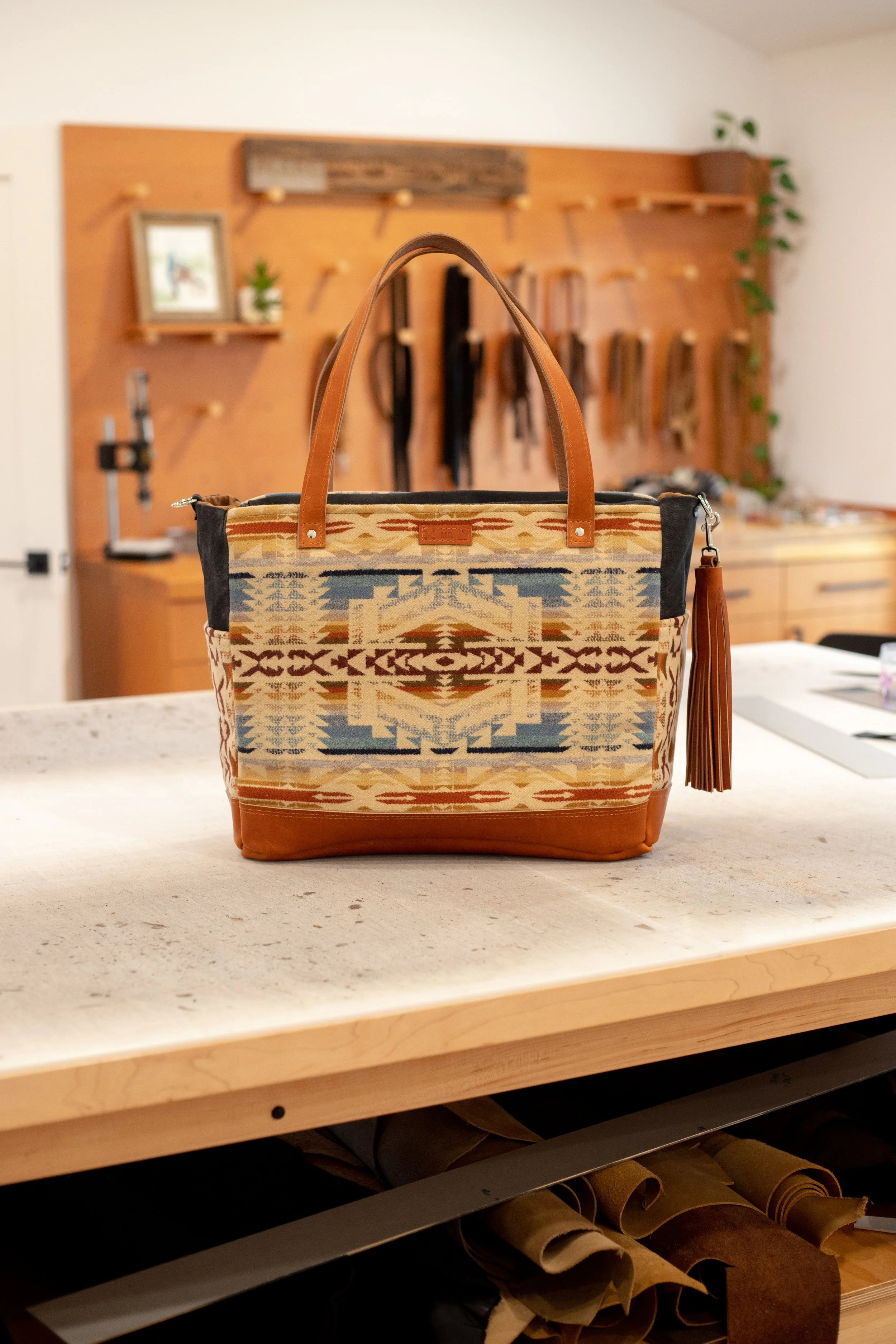 Custom Reserved Order - Mollie - Diaper Bag Tote  in Shonto Wheatlands  Pendleton Wool + Cognac Leather