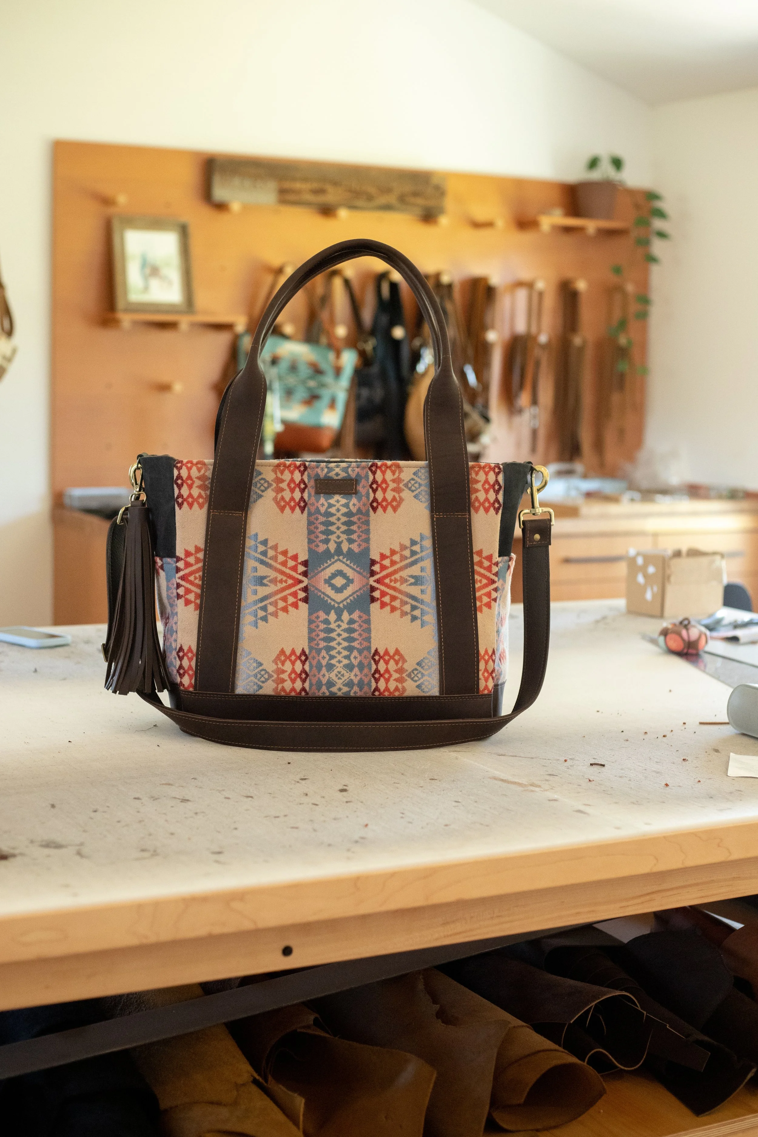 Reserved Custom Order - Teresa - Computer Tote in Canyon Land Pendleton with Brown Leather