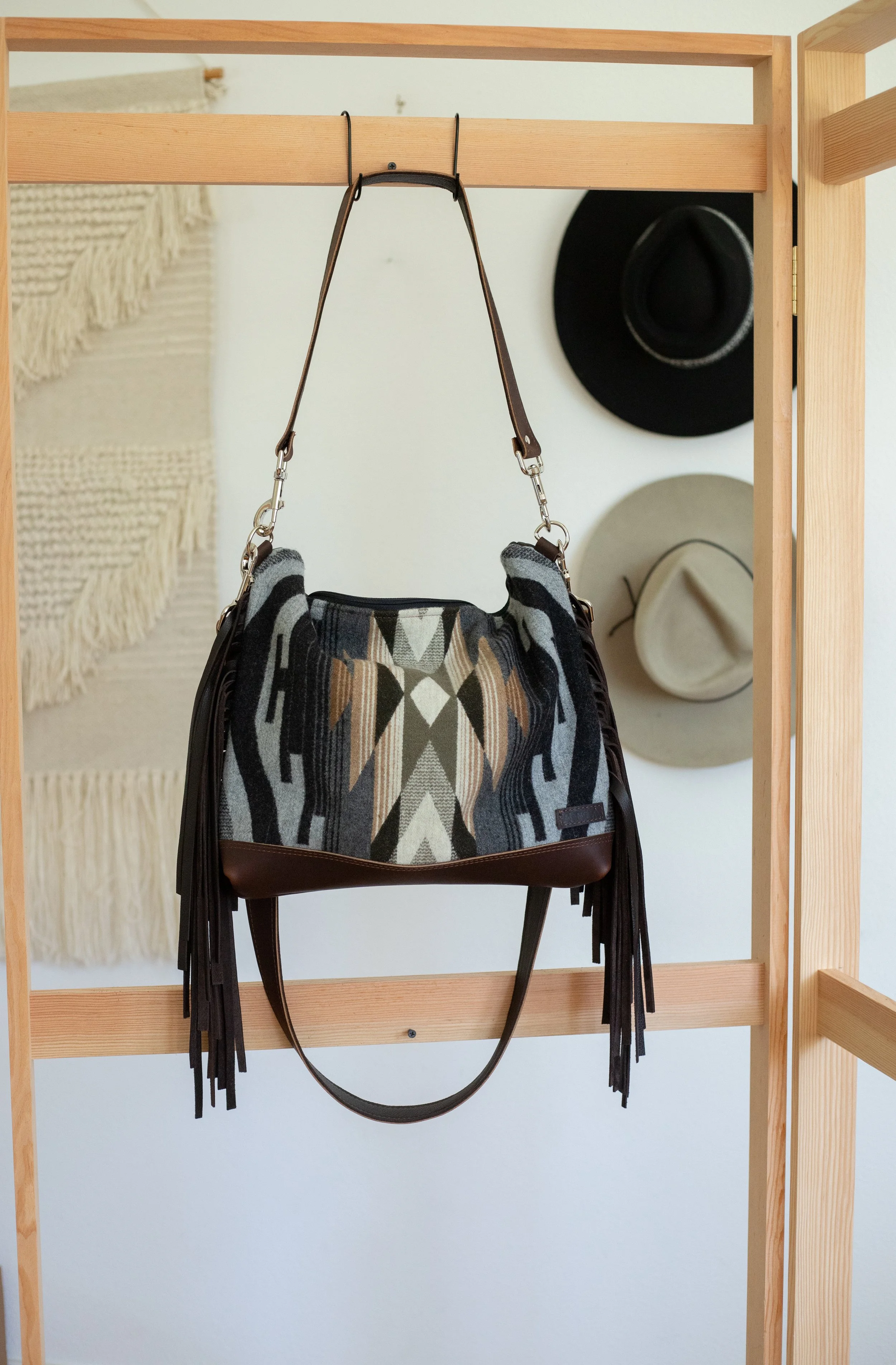AVAILABLE - Slouchy Leather Bottom Fringe Purse in Tumalo Ridge Pendleton Wool and Black Leather