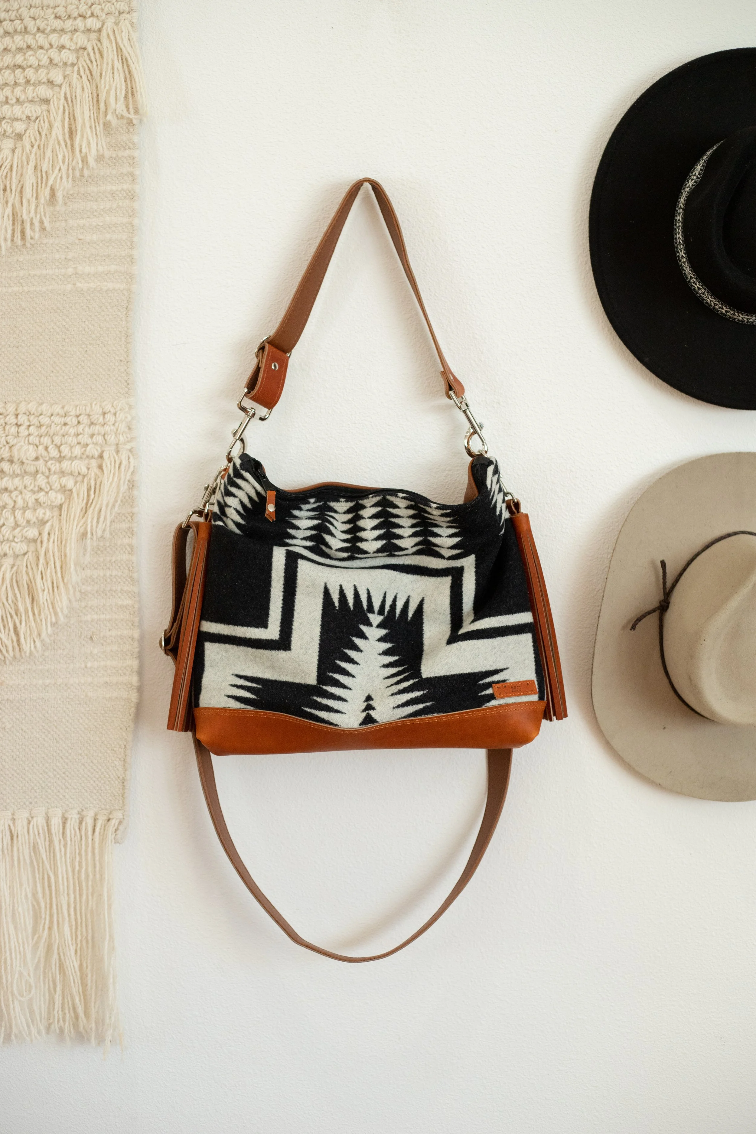 Reserved Custom Bag - Kim - Slouchy Leather Bottom Bag in Walking Rock Pendleton Wool with Cognac Leather