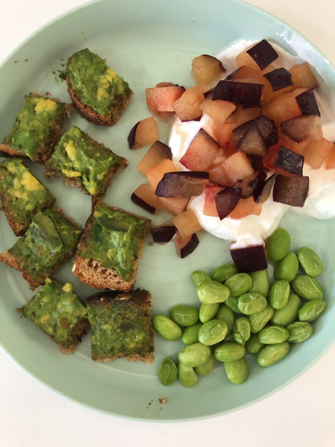 Avocado toast, diced plums with organic yogurt and edamame