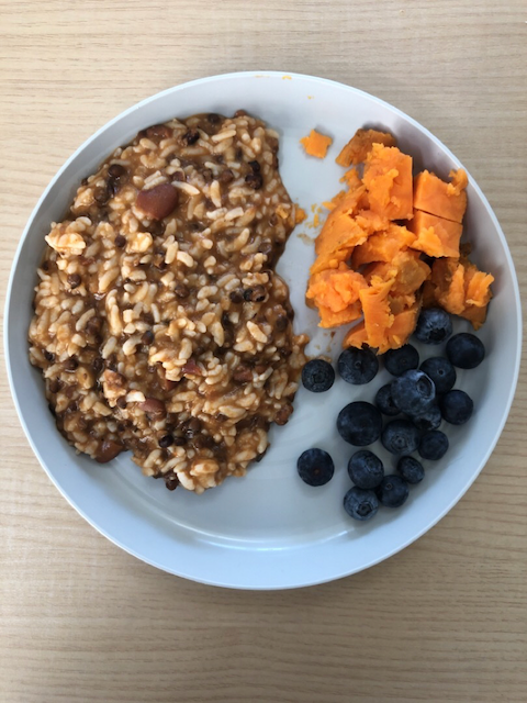 Lentils and rice, sweet potato, and blueberries