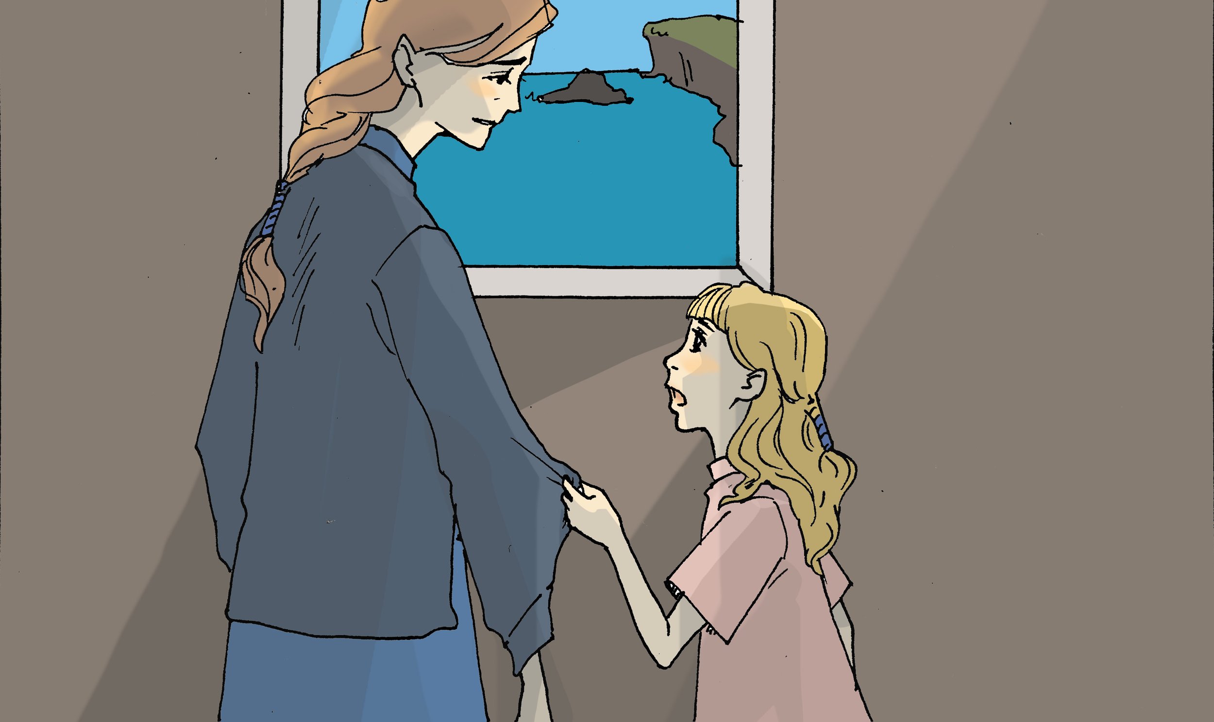 Enter child. She has the man's golden hair. urgently, she tells her mother something.