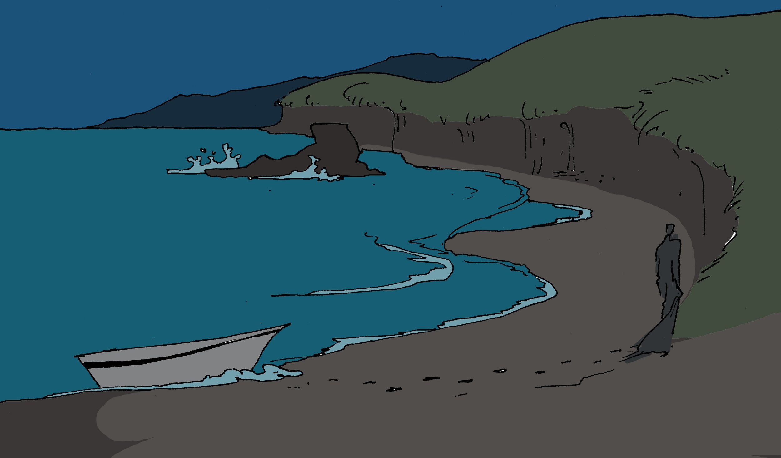 Quiet, dark evening. Silhouette of a fisherman anchors his fishing raft and walks across the beach. Waves crashing in distance.