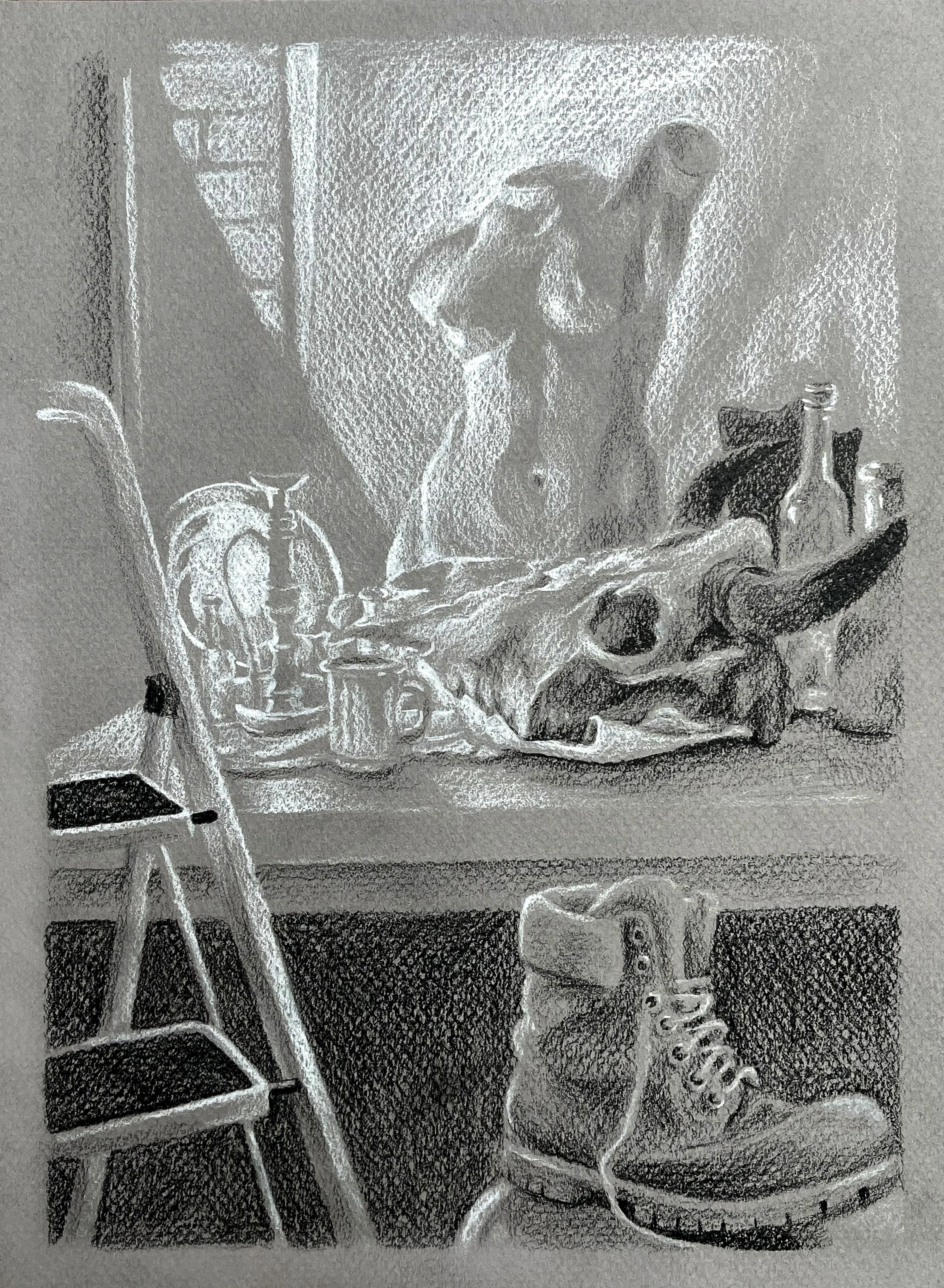 "Body, Boot, Bovine" charcoal on paper 8"x10" 2021