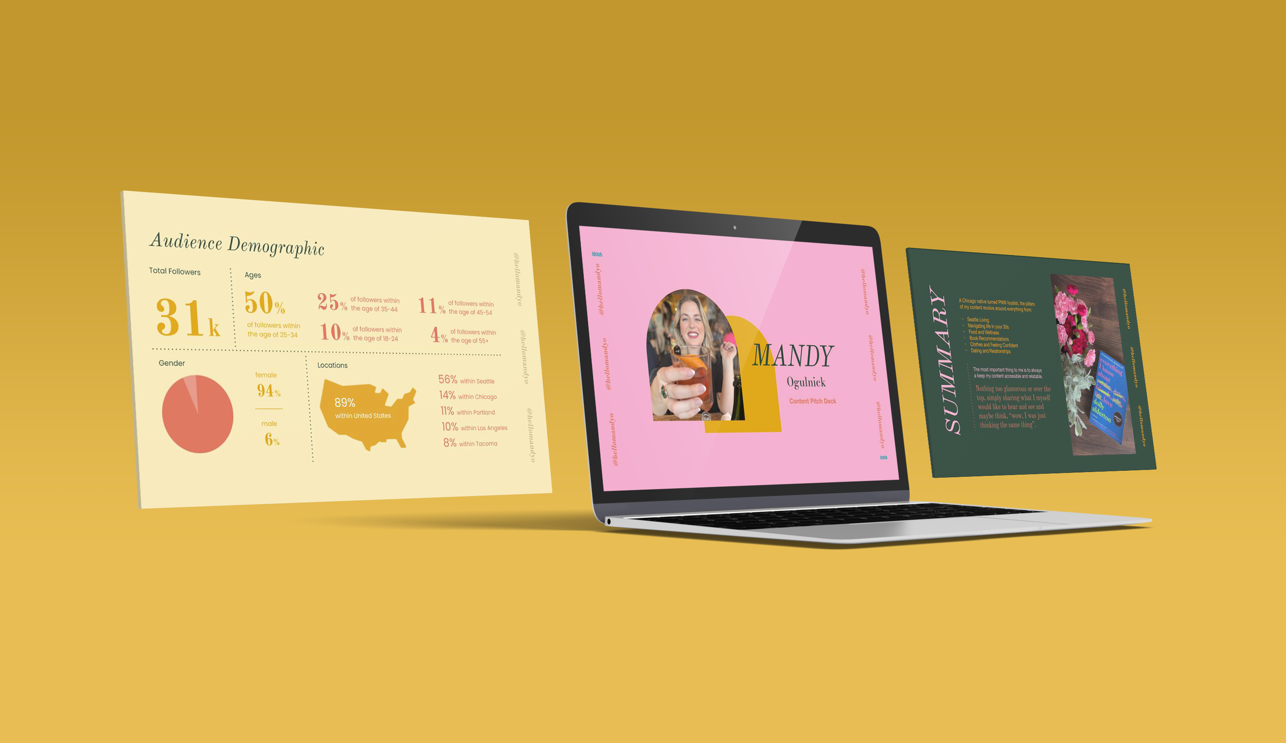  Mandy Ogulnik aka  @hellomandyo  is a delightful content creator in need of a pitch deck to share with potential clients. Her fun-loving attitude called for a bold yet happy look and feel to attract clients in need of her influence. 