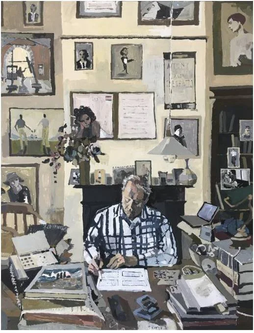 An artist's painting of a man sitting at a cluttered desk in a room filled with framed photos and artwork on the walls.