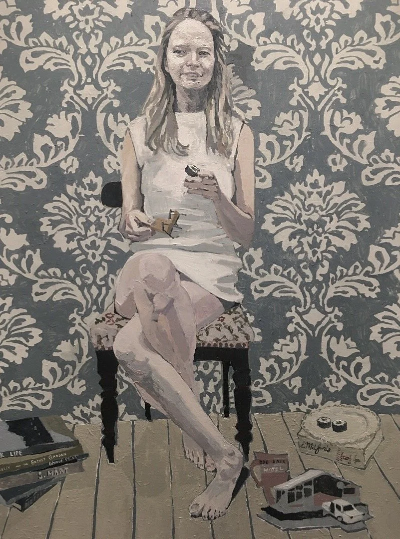 Painting of a woman sitting on a chair against a floral patterned background. She has long hair, wears a sleeveless dress, and is holding a cigarette and a small object. Items on the floor include books, a box, a toy truck, and two cans.