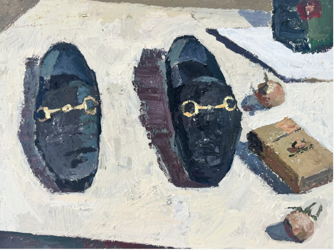 Painting of two black oval masks with golden chains, surrounded by objects including a brush, a box, and two round objects, on a textured white background.