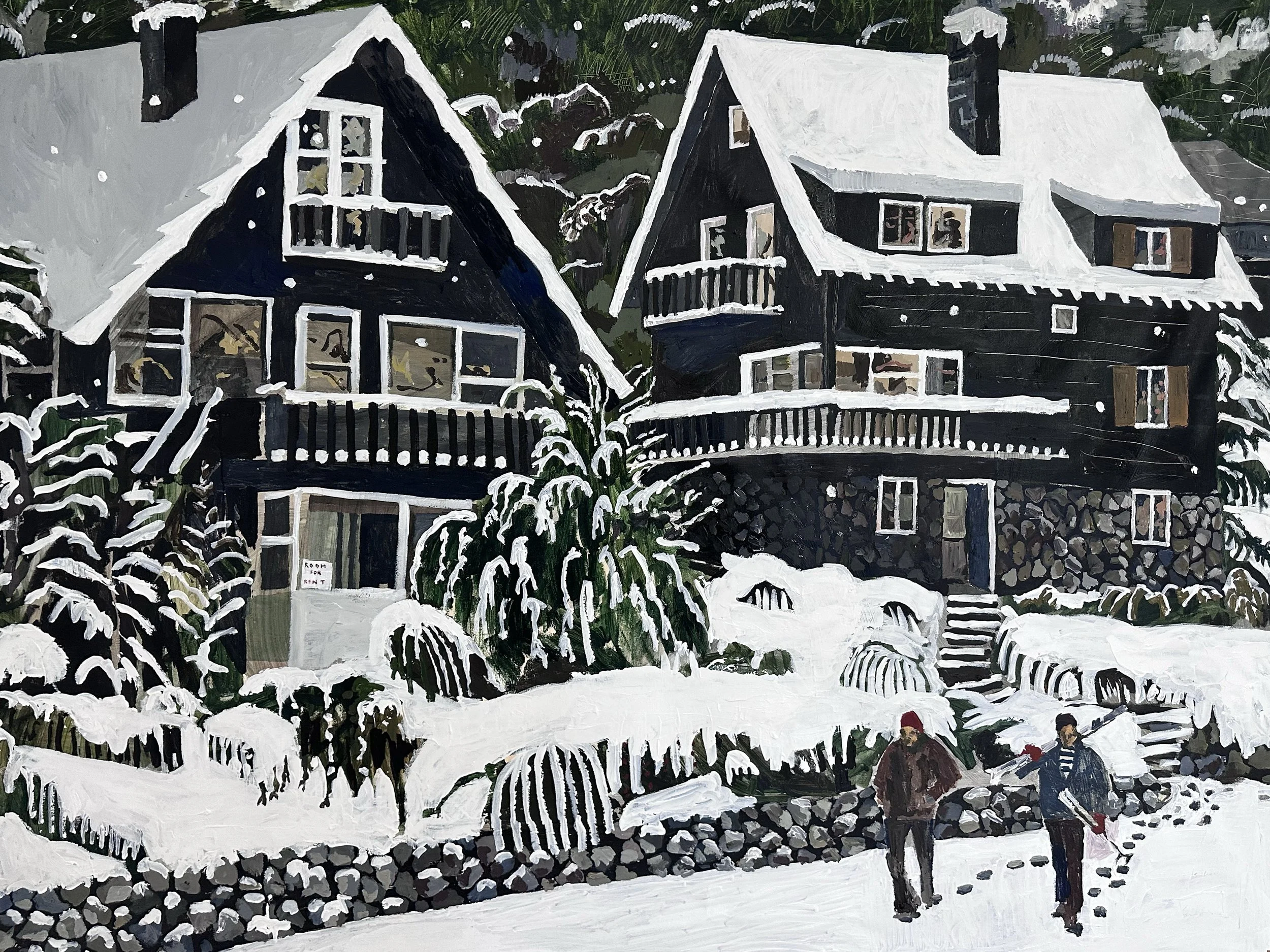 A snowy scene with two black houses, one with an attic and a balcony, surrounded by snow-covered trees and bushes. There are three people in winter clothing in the foreground, and a 'Room for Rent' sign in front of the houses.
