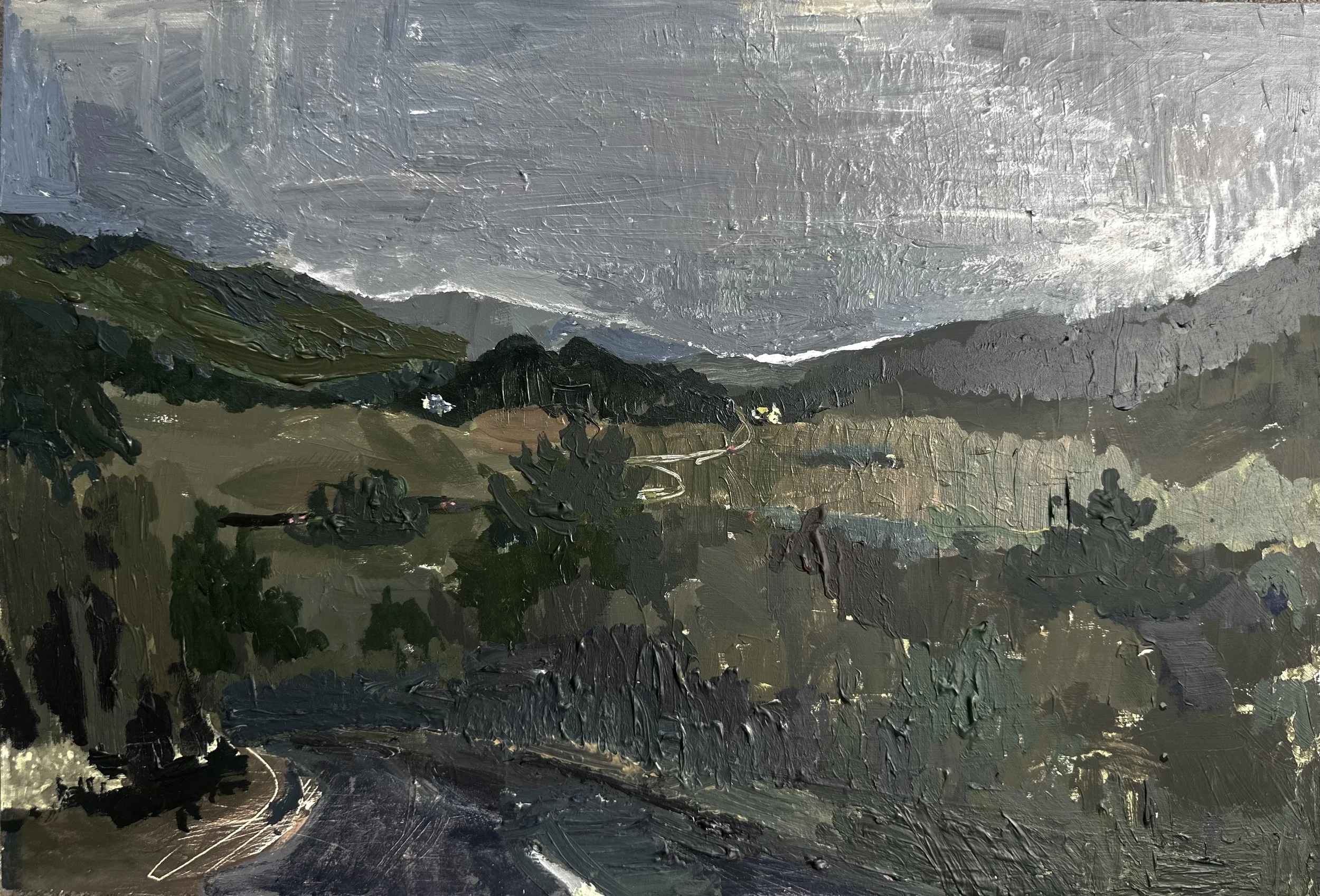 Oil painting of a cloudy, overcast landscape with mountains, trees, and a winding road in the foreground.
