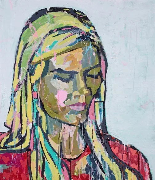 An abstract portrait of a woman with closed eyes and long hair, painted in vibrant colors and bold strokes.