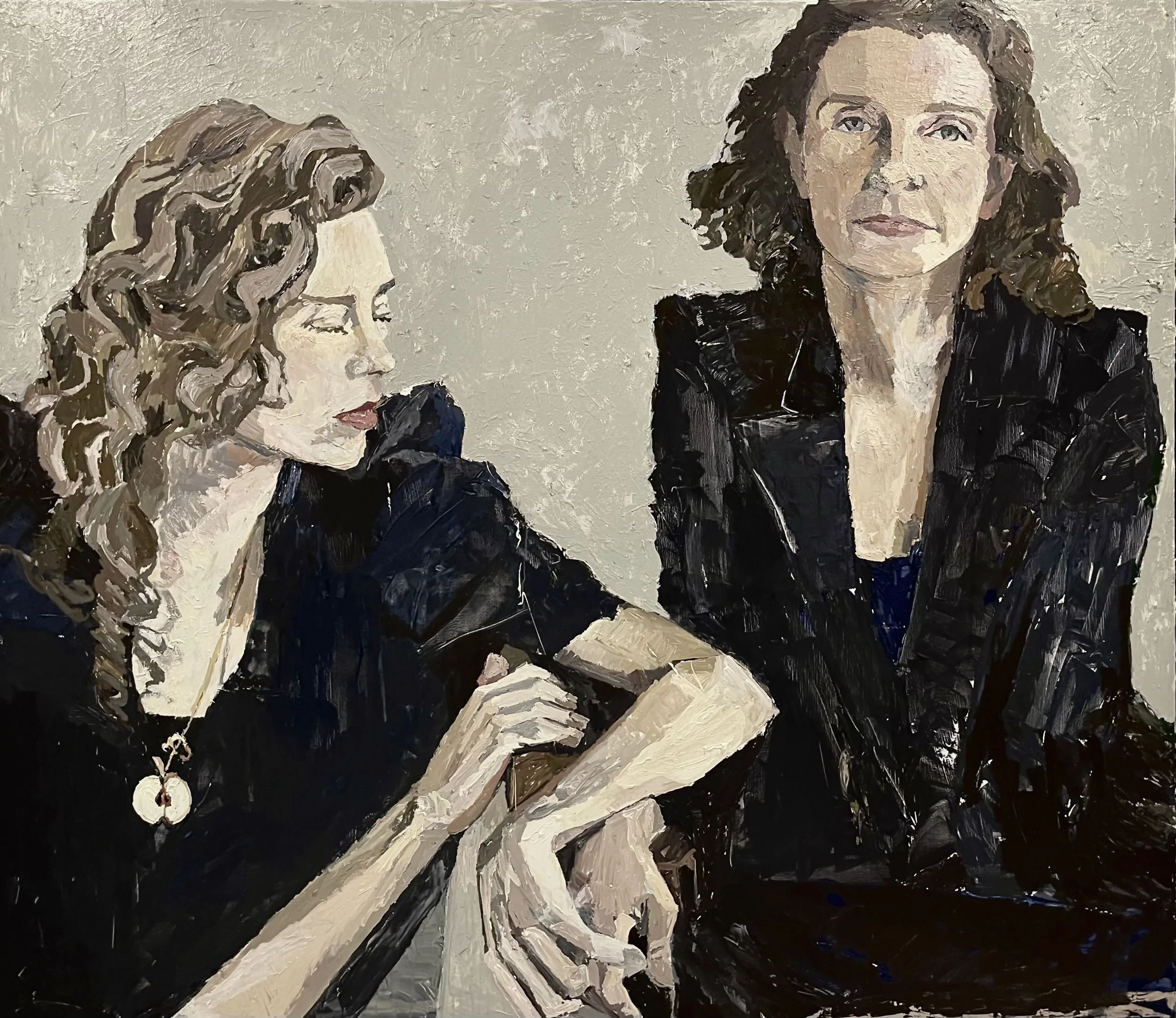 An oil painting of two women, one with wavy blonde hair looking downward and the other with curly dark hair gazing directly forward, both dressed in black attire.