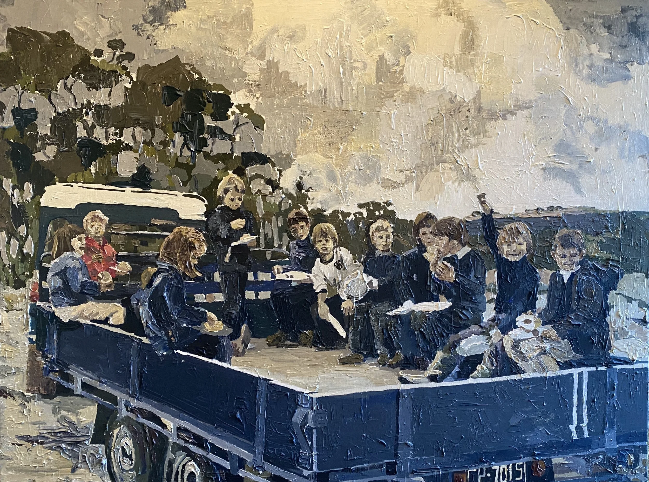 Oil painting depicting a group of young children sitting at tables, some with notebooks, with a cloudy sky and trees in the background.