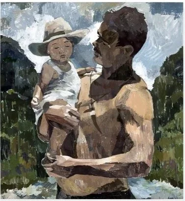 Painting of a NRL Rabbitohs Latrell Mitchell for Archibald Prize holding a young girl on her hip outdoors, with a scenic background and partly cloudy sky.