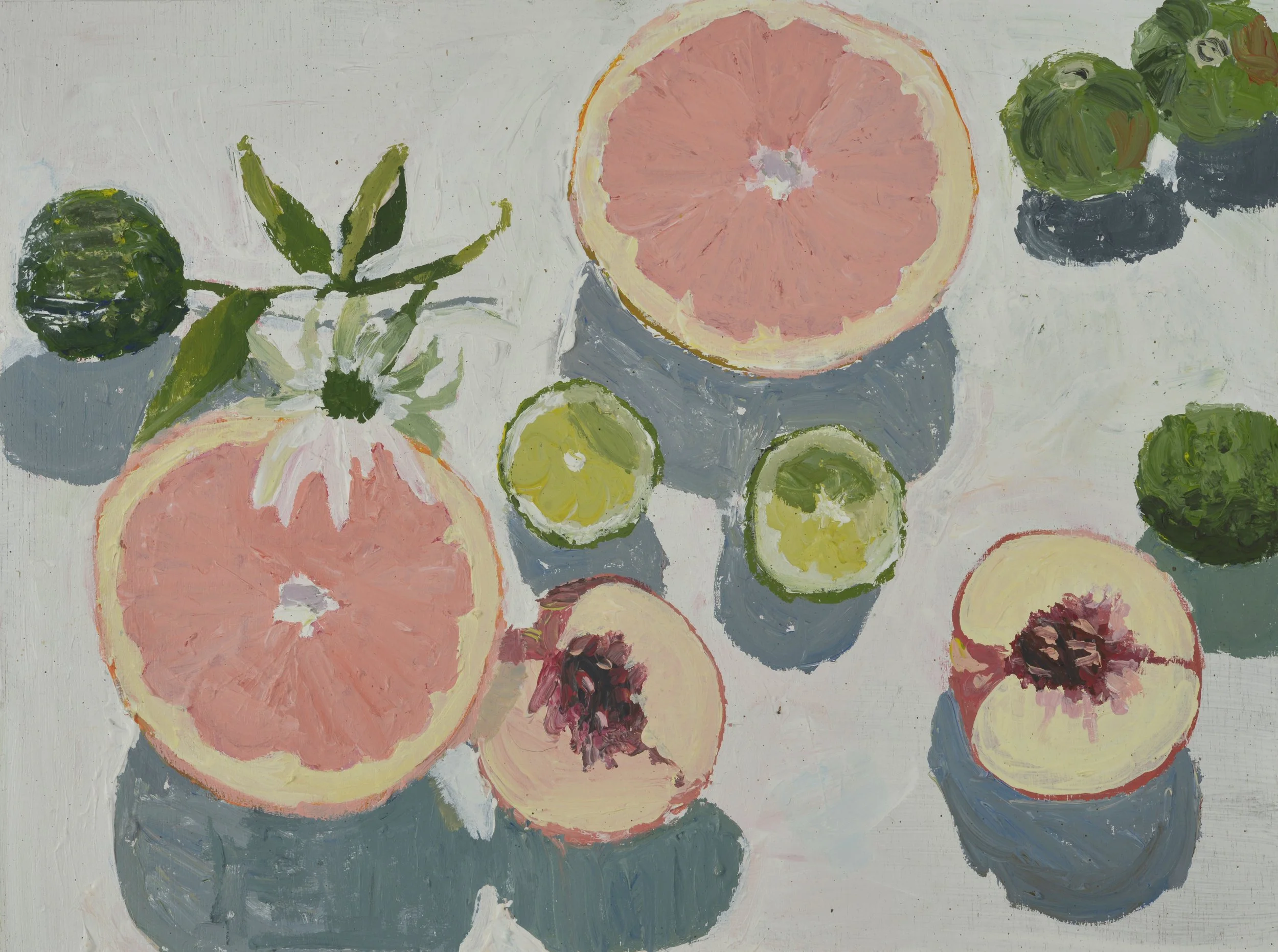 A still life painting of sliced grapefruits, limes, and small green fruits, possibly apricots, arranged on a light-colored background with visible brush strokes.