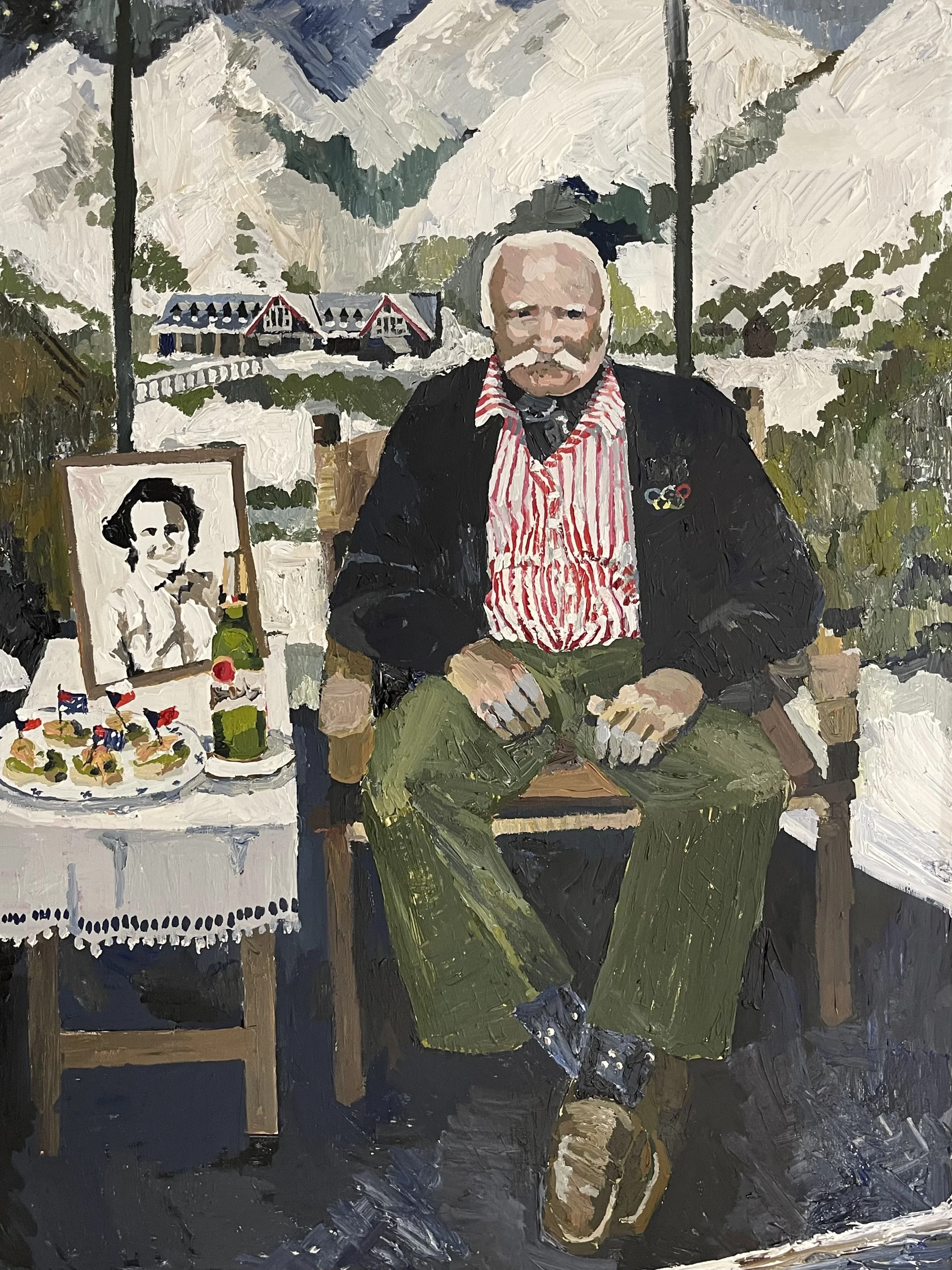 oil painting of a man with a bald head and mustache sitting on a chair in front of a landscape with mountains, houses, and trees, with a framed portrait of a woman, a small bottle, and a plate of fruit on a table