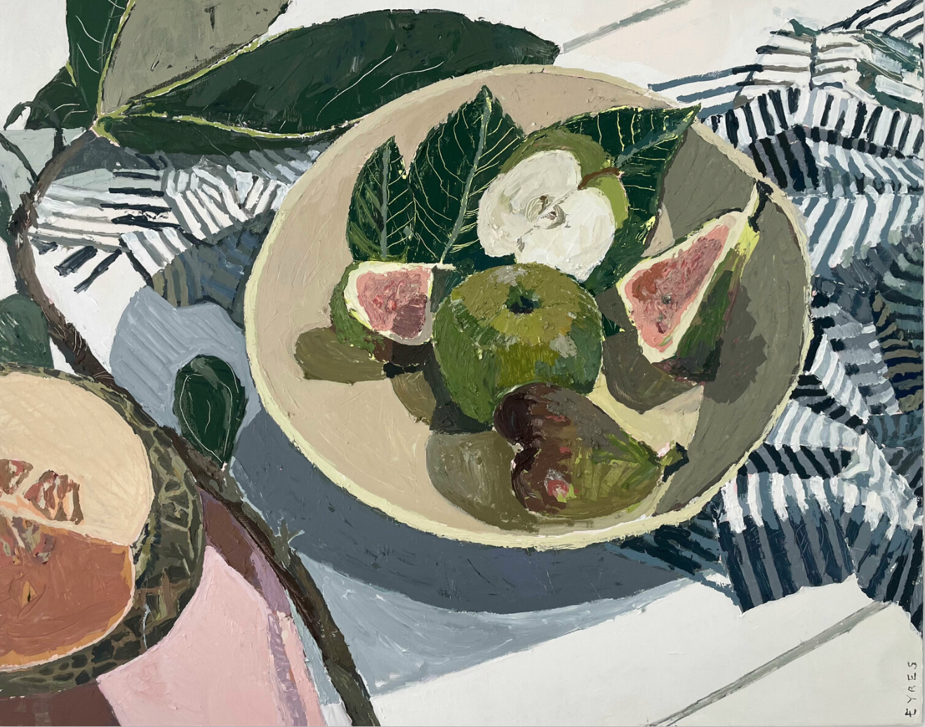 Painting of a bowl containing a sliced apple, a whole fig, and a whole apple, surrounded by green leaves, with a patterned cloth underneath.