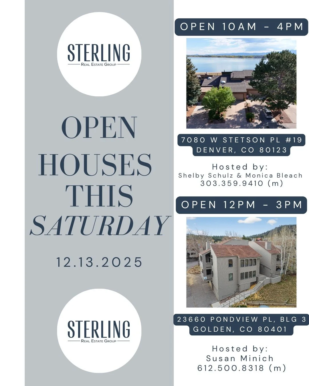 Two homes. Two incredible lifestyles. One perfect Saturday. 🏡✨

Whether you&rsquo;re dreaming of peaceful lake views in Denver or mountain living in Golden, we&rsquo;ve got an Open House for you this Saturday, 12/13:

🌊 10AM&ndash;4PM | 7080 W Stet