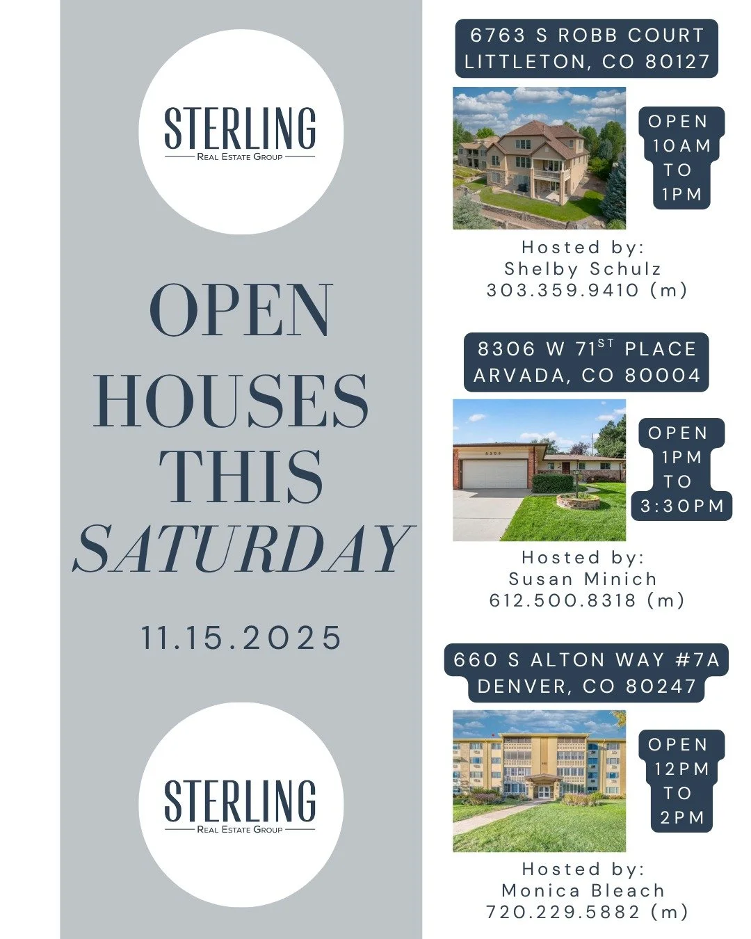 ✨ Open Houses This Saturday! ✨
Come tour three great homes across Littleton, Arvada &amp; Denver.

🏡 6763 S Robb Ct &ndash; Littleton
10AM&ndash;1PM | Hosted by Shelby Schulz

🏡 8306 W 71st Pl &ndash; Arvada
1PM&ndash;3:30PM | Hosted by Susan Minic