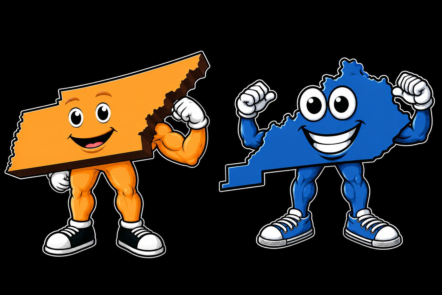 Cartoon figures in the shape of Kentucky and Tennessee.