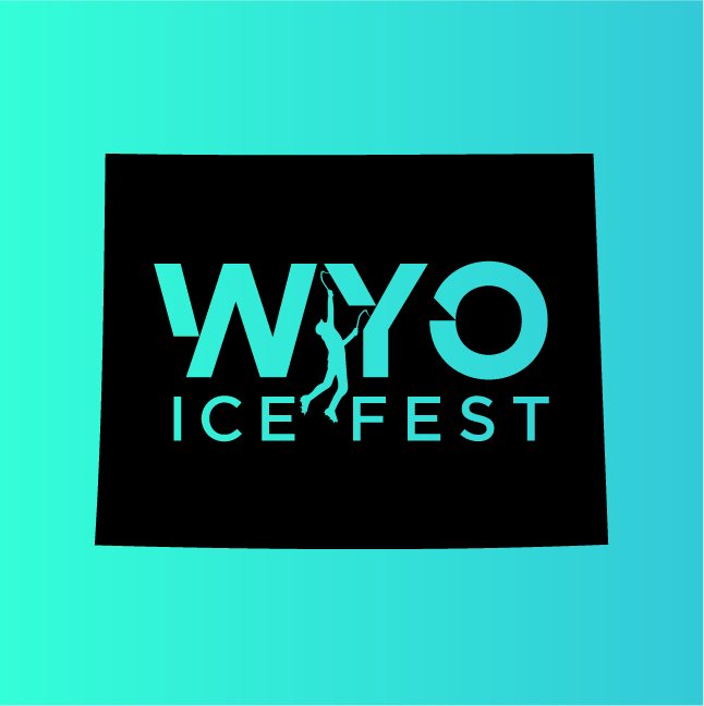 Logo for WYO Ice Fest with a black square background, turquoise text, and graphic of a climber hanging from the letter 'Y'.