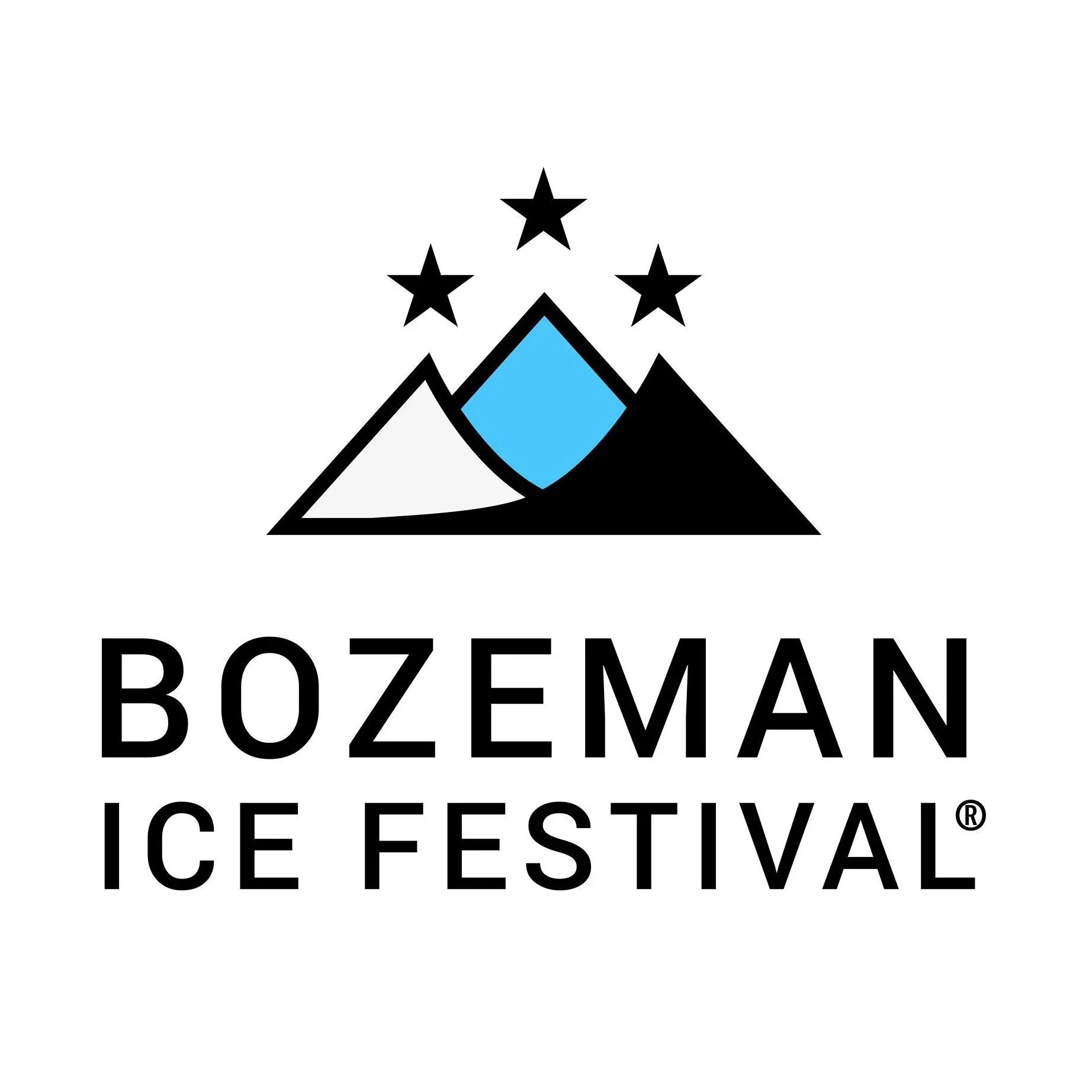 Logo for the Bozeman Ice Festival featuring mountain peaks, a blue shield, and three stars above the text.