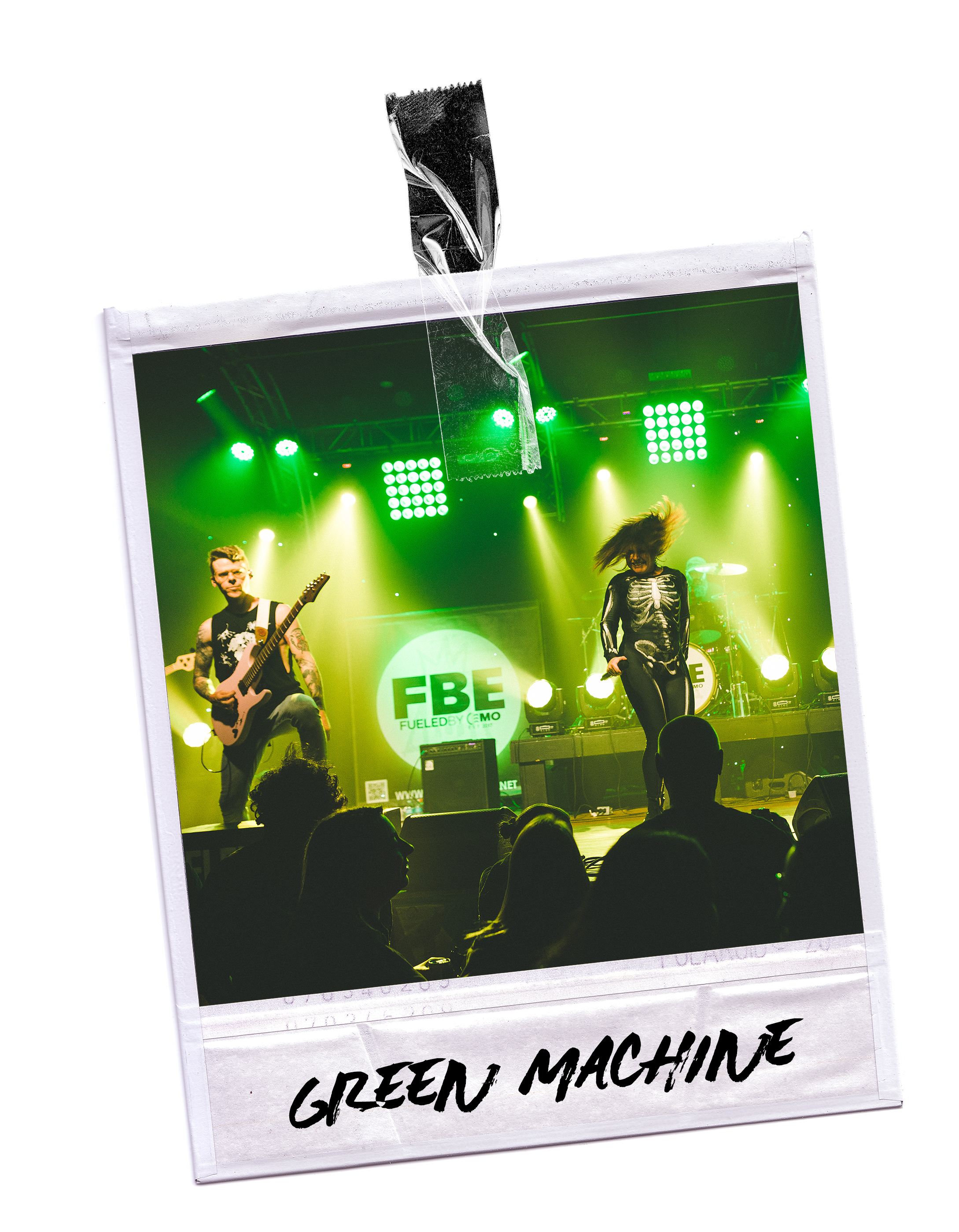 Live concert with green stage lighting, band members performing, and an audience watching, labeled 'Green Machine' on the photo