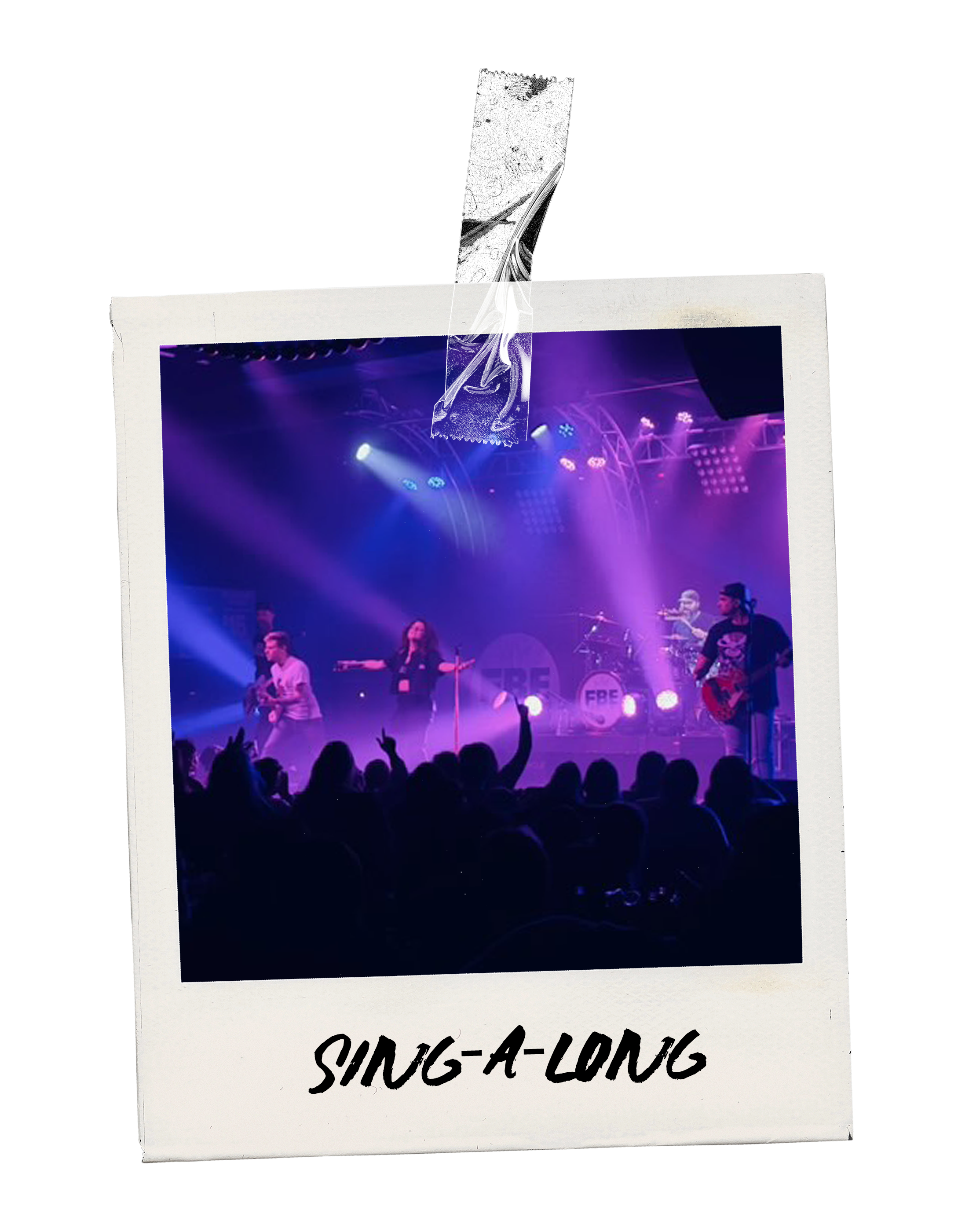 Photograph of a live musical performance with a band on stage under purple and blue lights, with an audience in front, and a thumbs-up hand gesture from the crowd; The photo is styled like a Polaroid with the text "SING-A-LONG" written at the bottom.