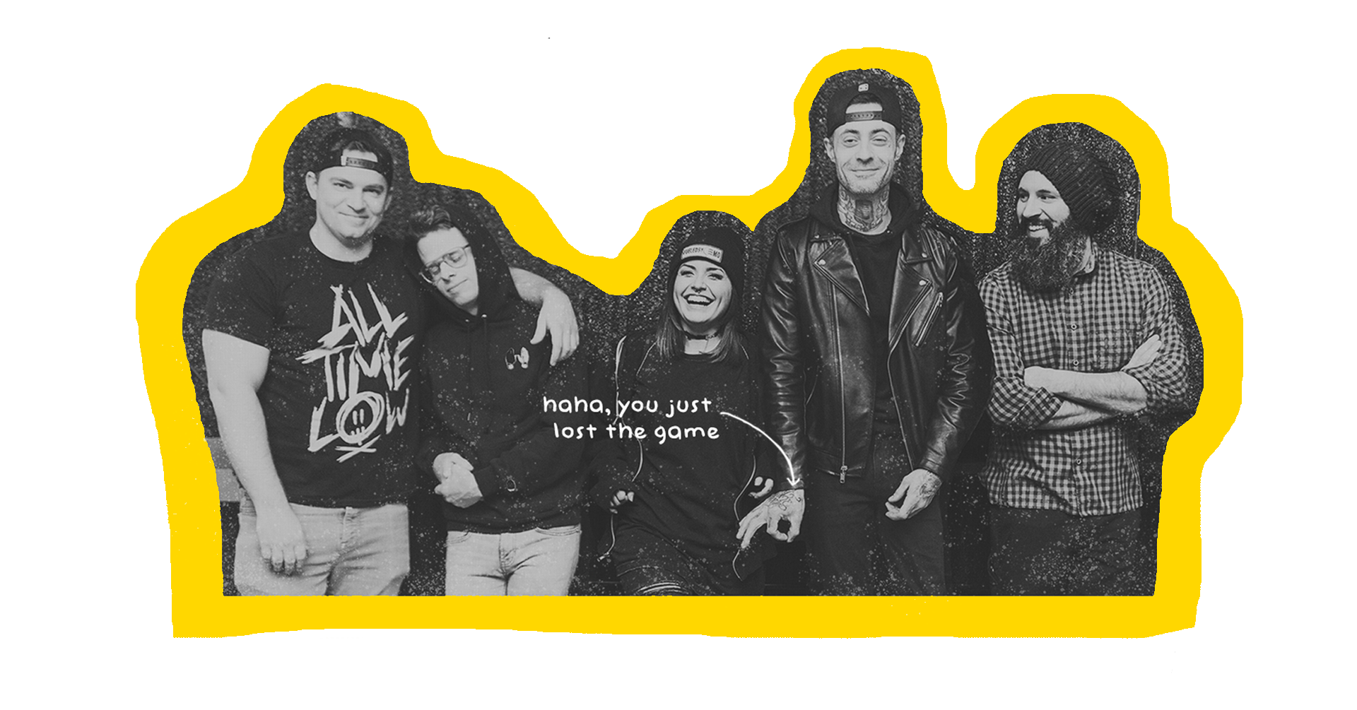 Group of five people smiling and standing together, in front of a yellow background. Text on the image reads, "haha, you just lost the game."